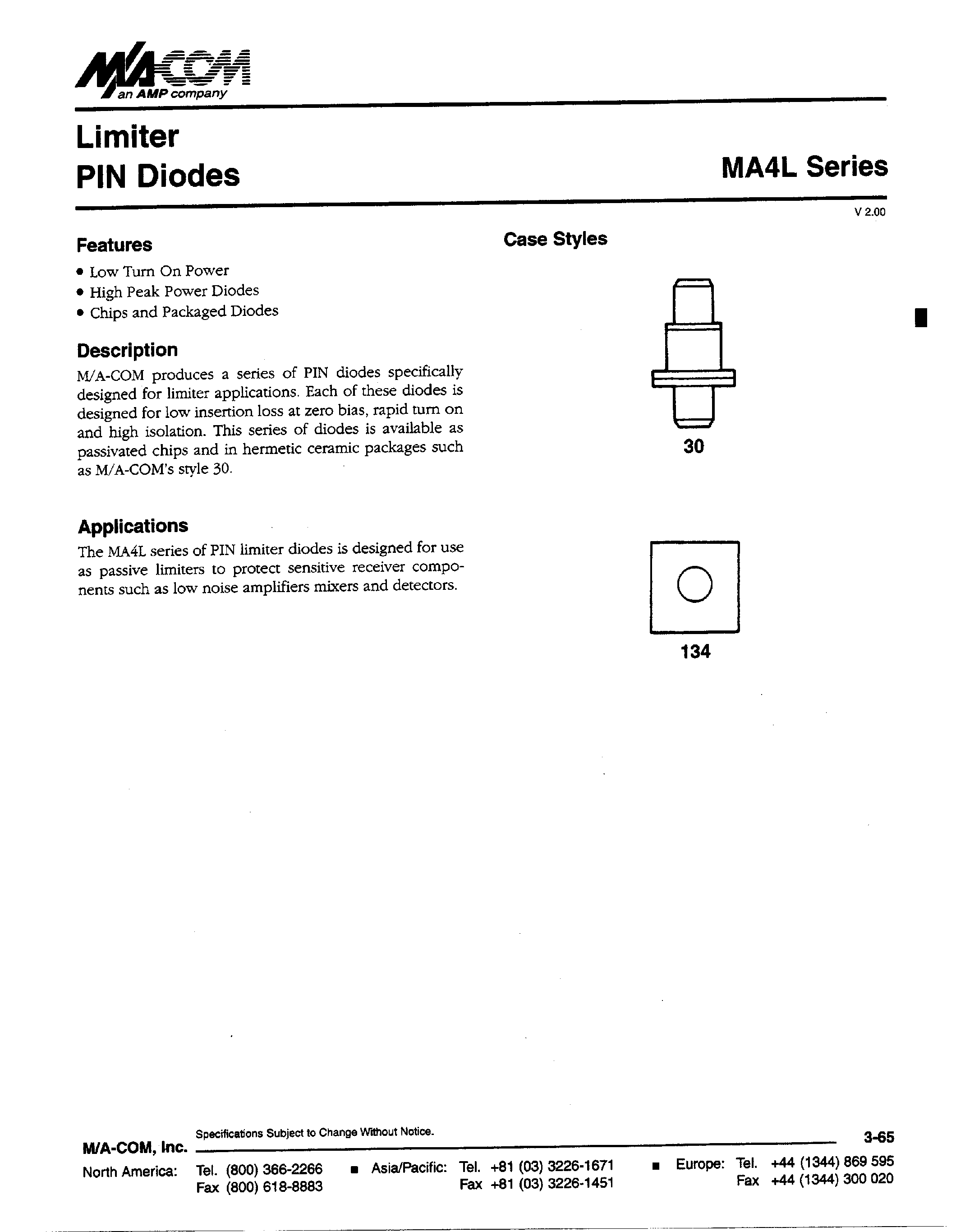 Даташит на микросхему MA4L031-134 страница 1 Даташит MA4L031-134 - Limiter PIN Diodes страница 1