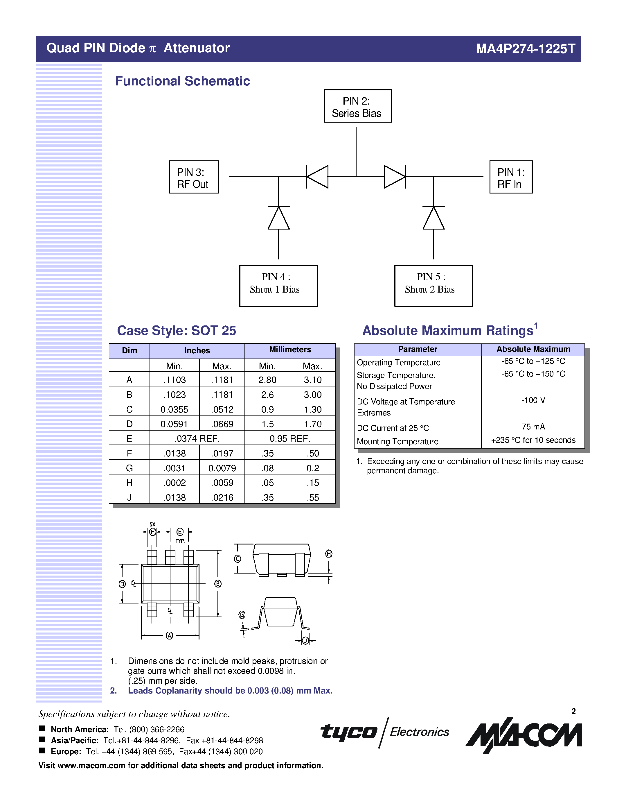 Datasheet MA4P274-1225 page 2 Datasheet MA4P274-1225 - Quad PIN Diode p Attenuator 5 .3000 MHz page 2