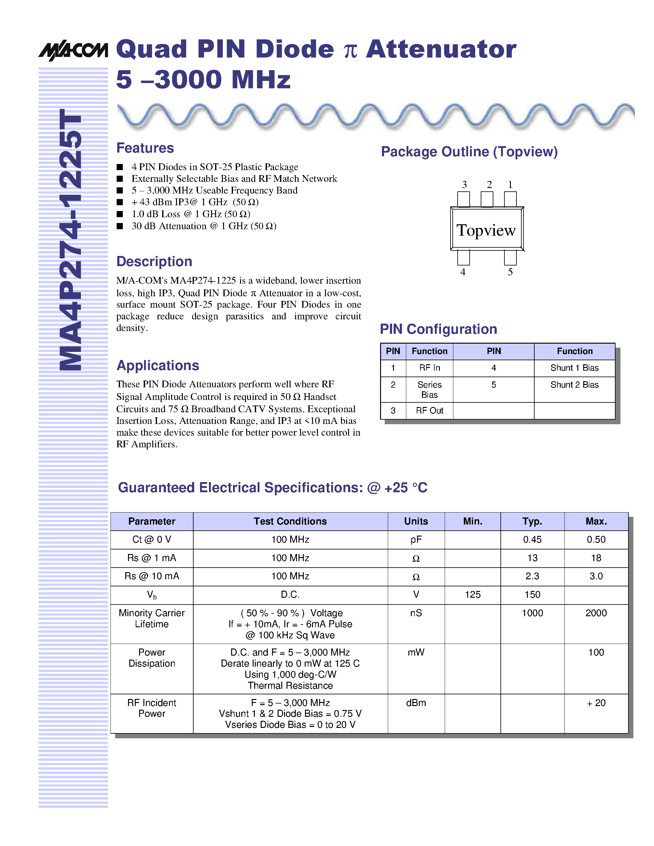 Datasheet MA4P274-1225T - Quad PIN Diode p Attenuator 5 .3000 MHz page 1