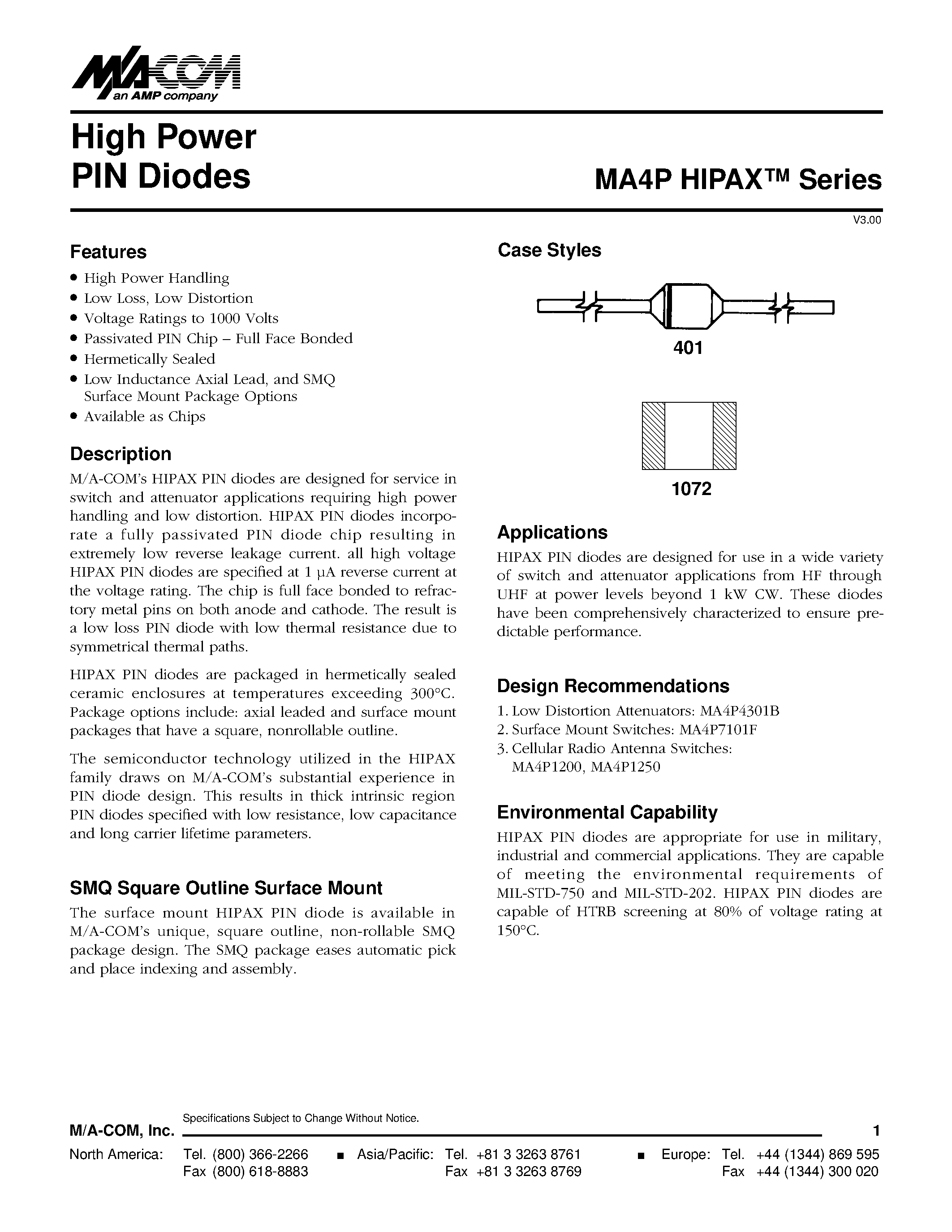Даташит на микросхему MA4P7001 страница 1 Даташит MA4P7001 - High Power PIN Diodes страница 1