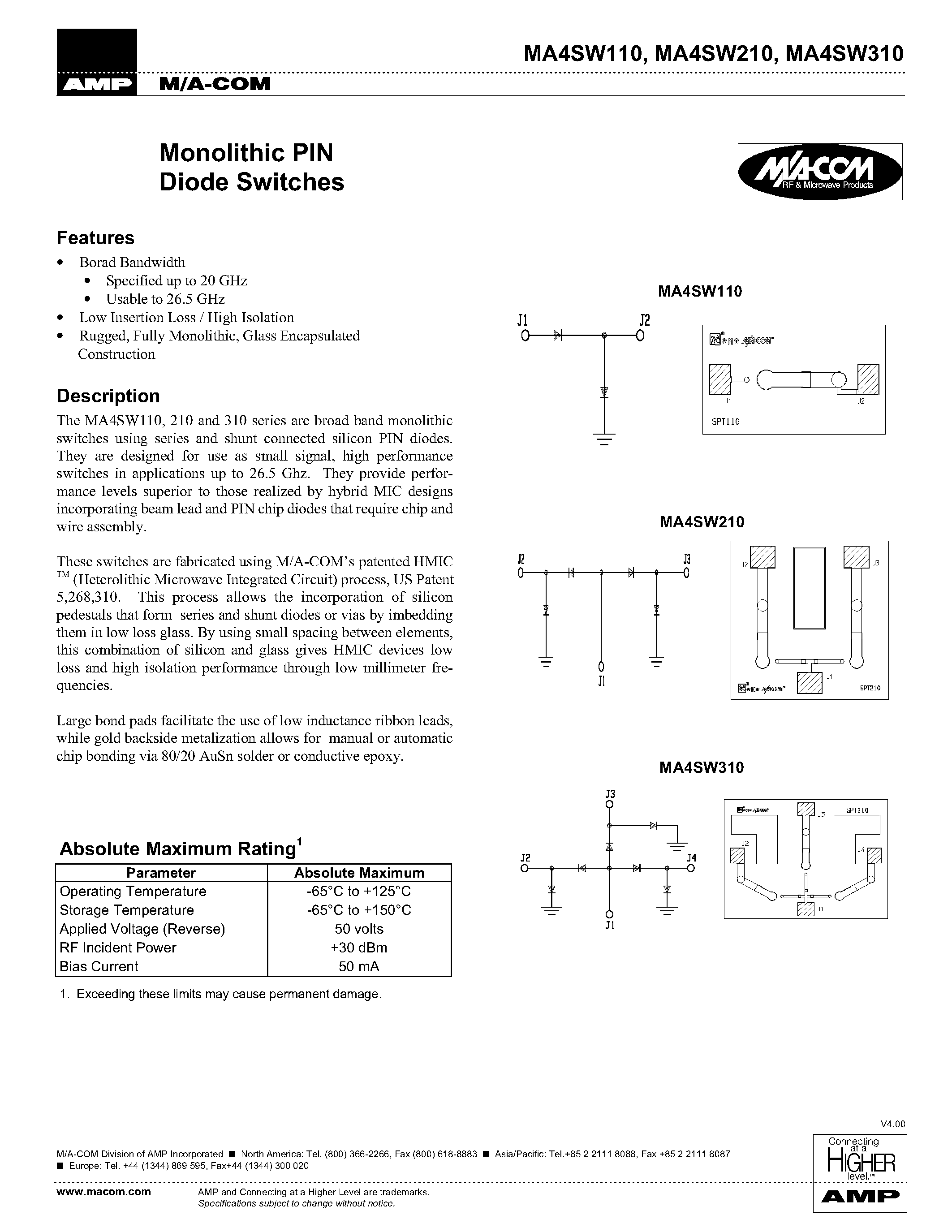 Datasheet MA4SW110 page 1 Datasheet MA4SW110 - Monolithic PIN Diode Switches page 1