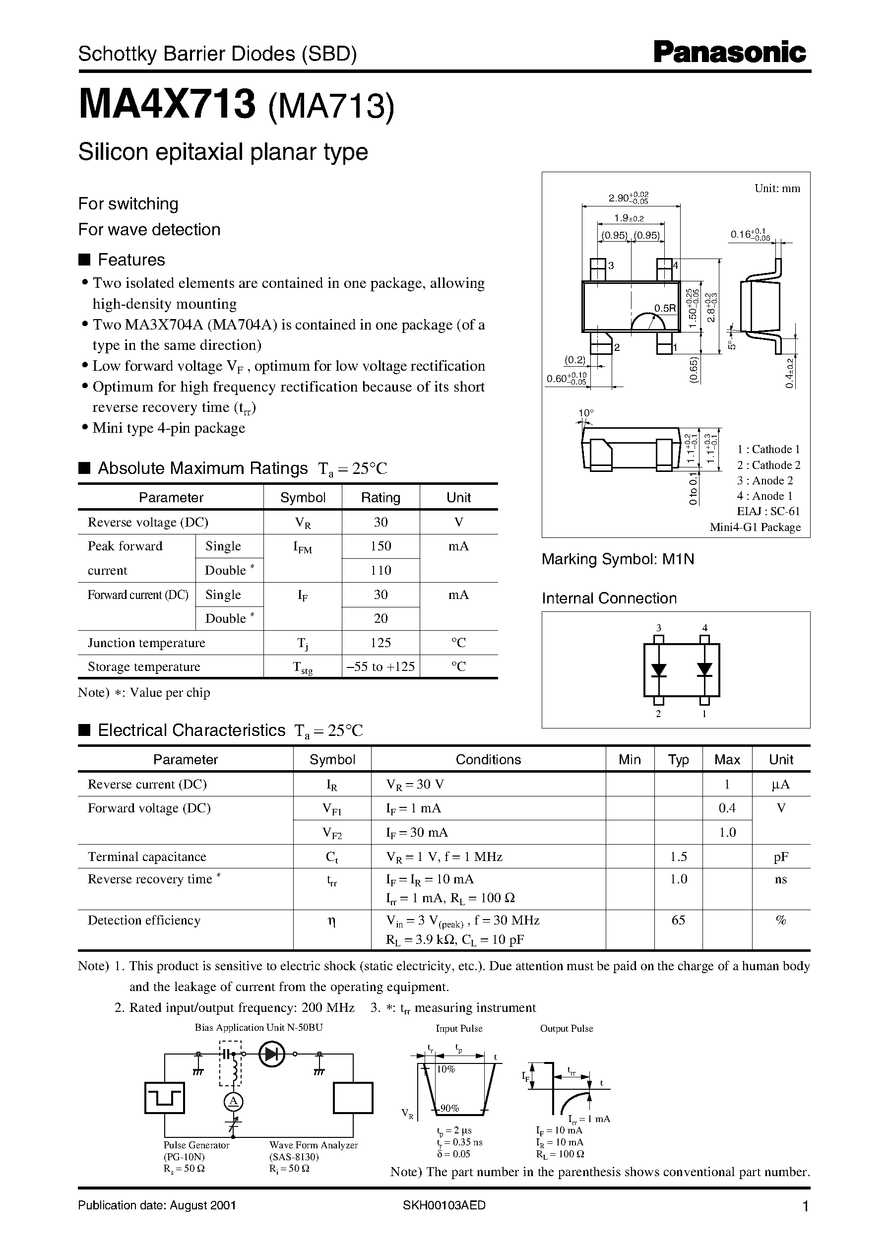 Даташит на микросхему MA4X713 страница 1 Даташит MA4X713 - Schottky Barrier Diodes (SBD) страница 1