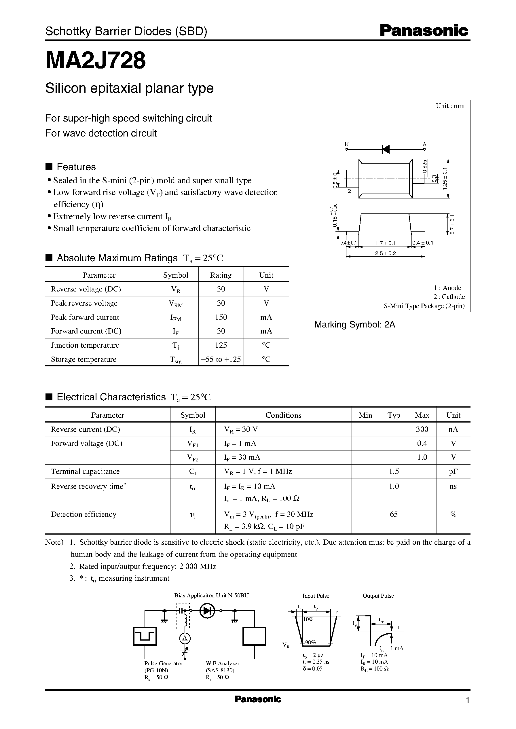 Даташит на микросхему MA728 страница 1 Даташит MA728 - Schottky Barrier Diodes (SBD) страница 1