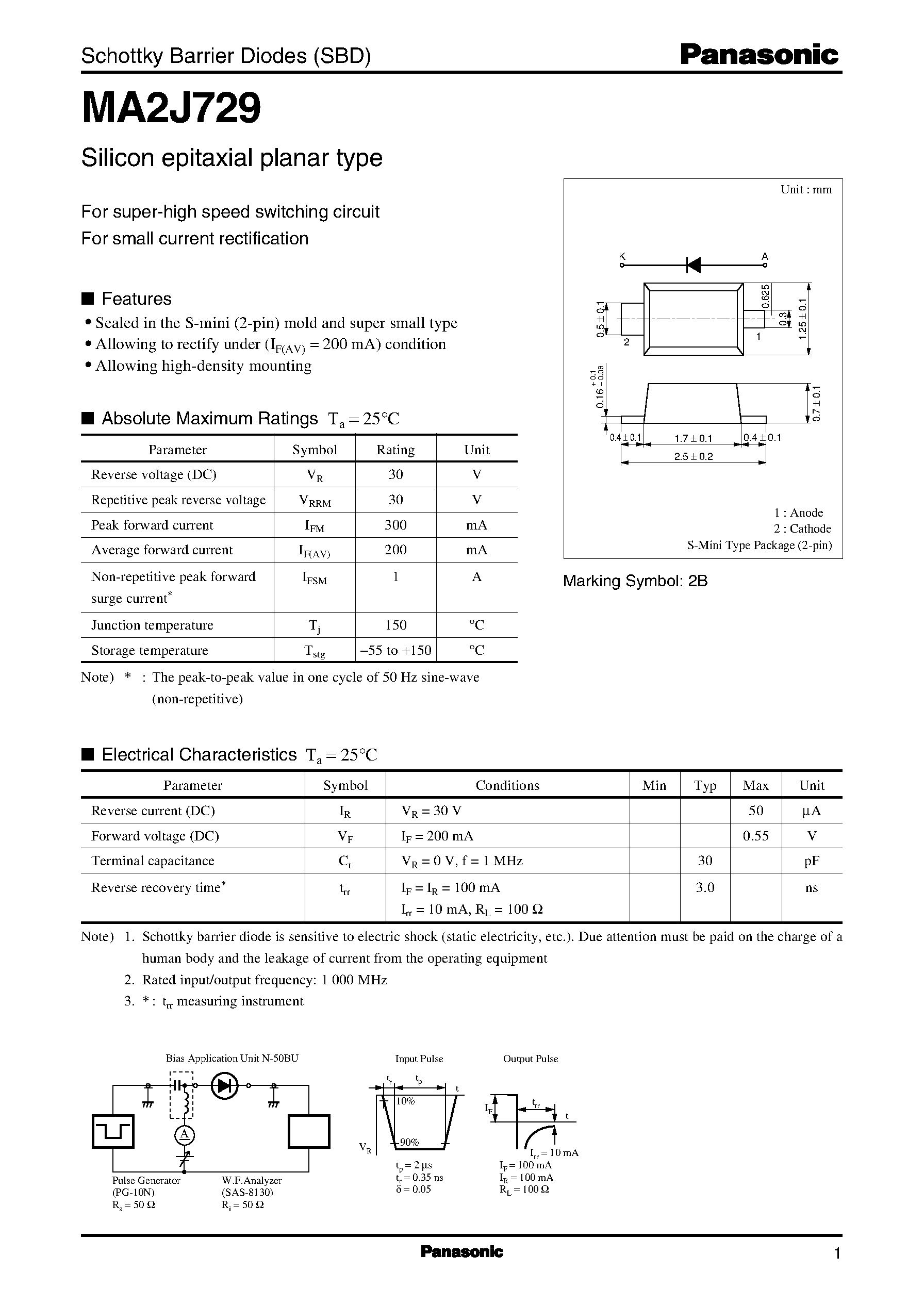 Даташит на микросхему MA729 страница 1 Даташит MA729 - Schottky Barrier Diodes (SBD) страница 1