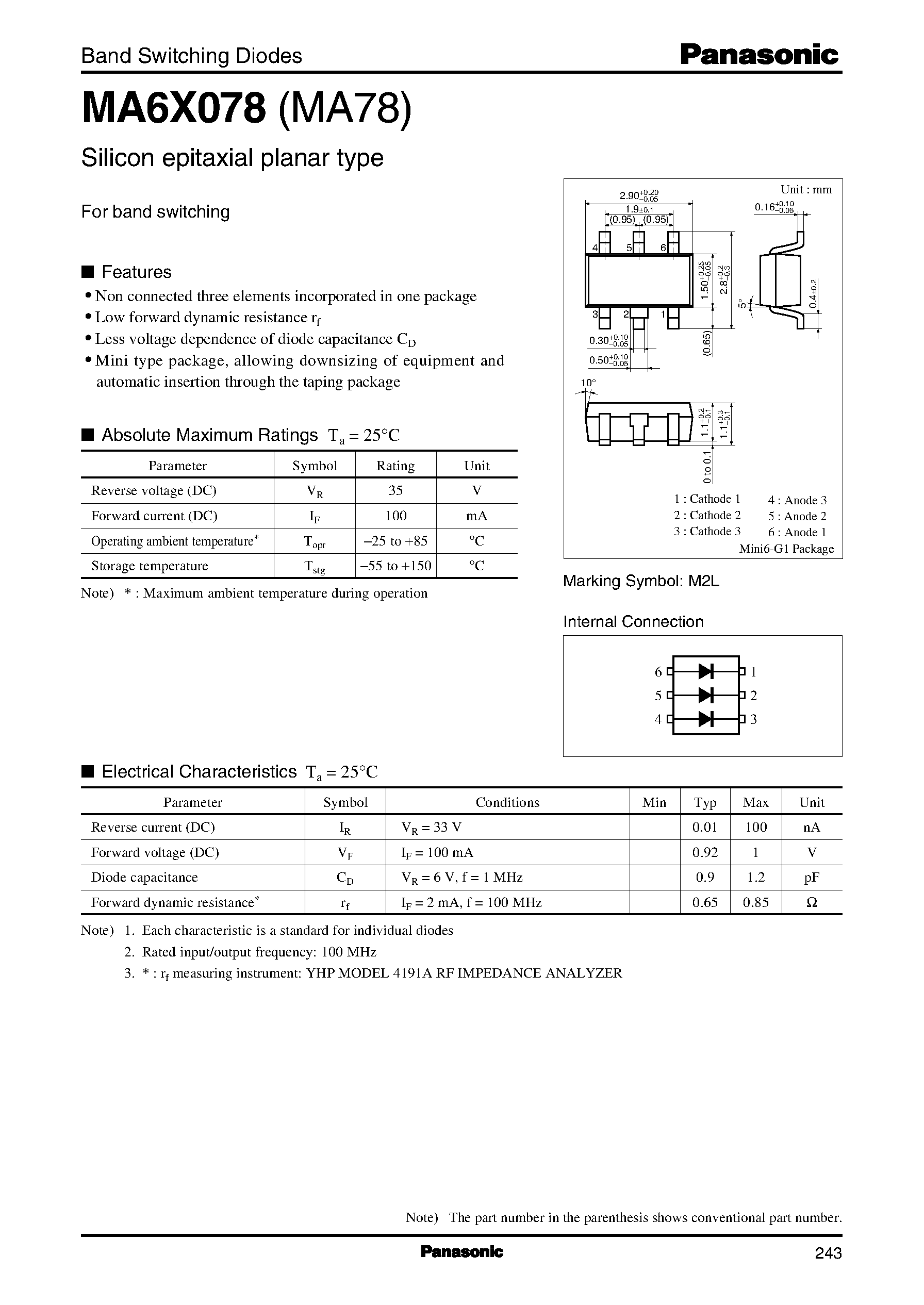 Даташит на микросхему MA78 страница 1 Даташит MA78 - Band Switching Diodes страница 1