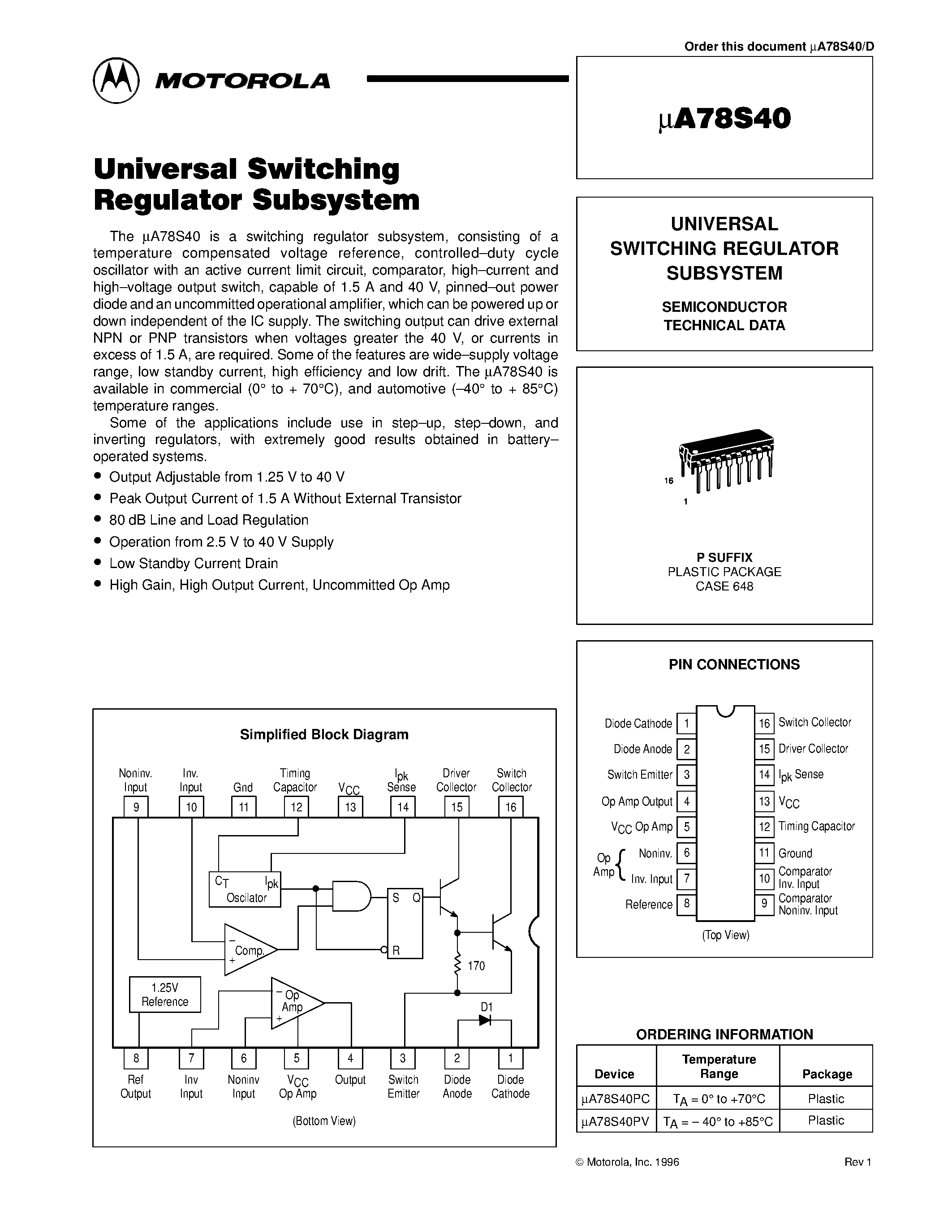 Datasheet mA78S40PC - UNIVERSAL SWITCHING REGULATOR SUBSYSTEM page 1
