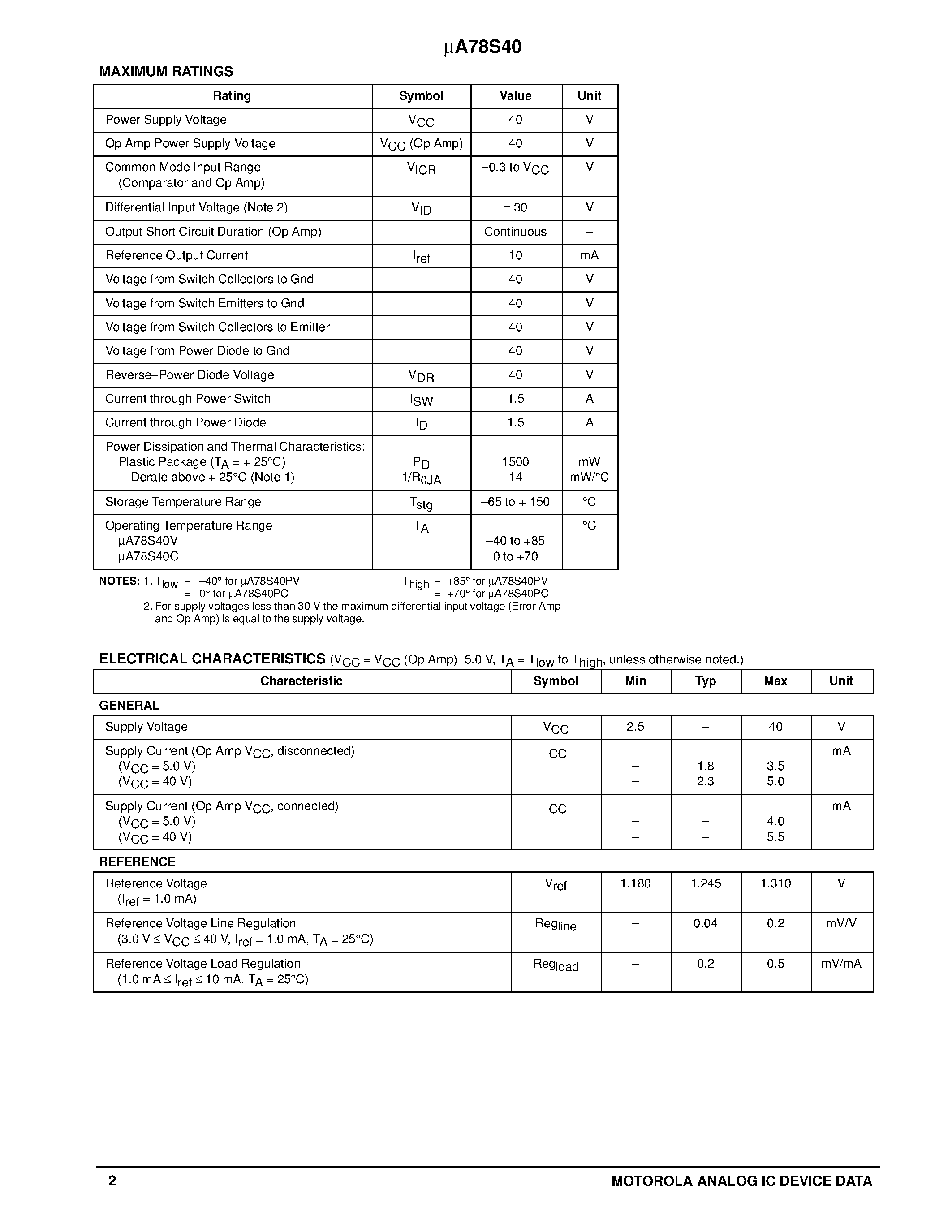 Datasheet mA78S40PV - UNIVERSAL SWITCHING REGULATOR SUBSYSTEM page 2