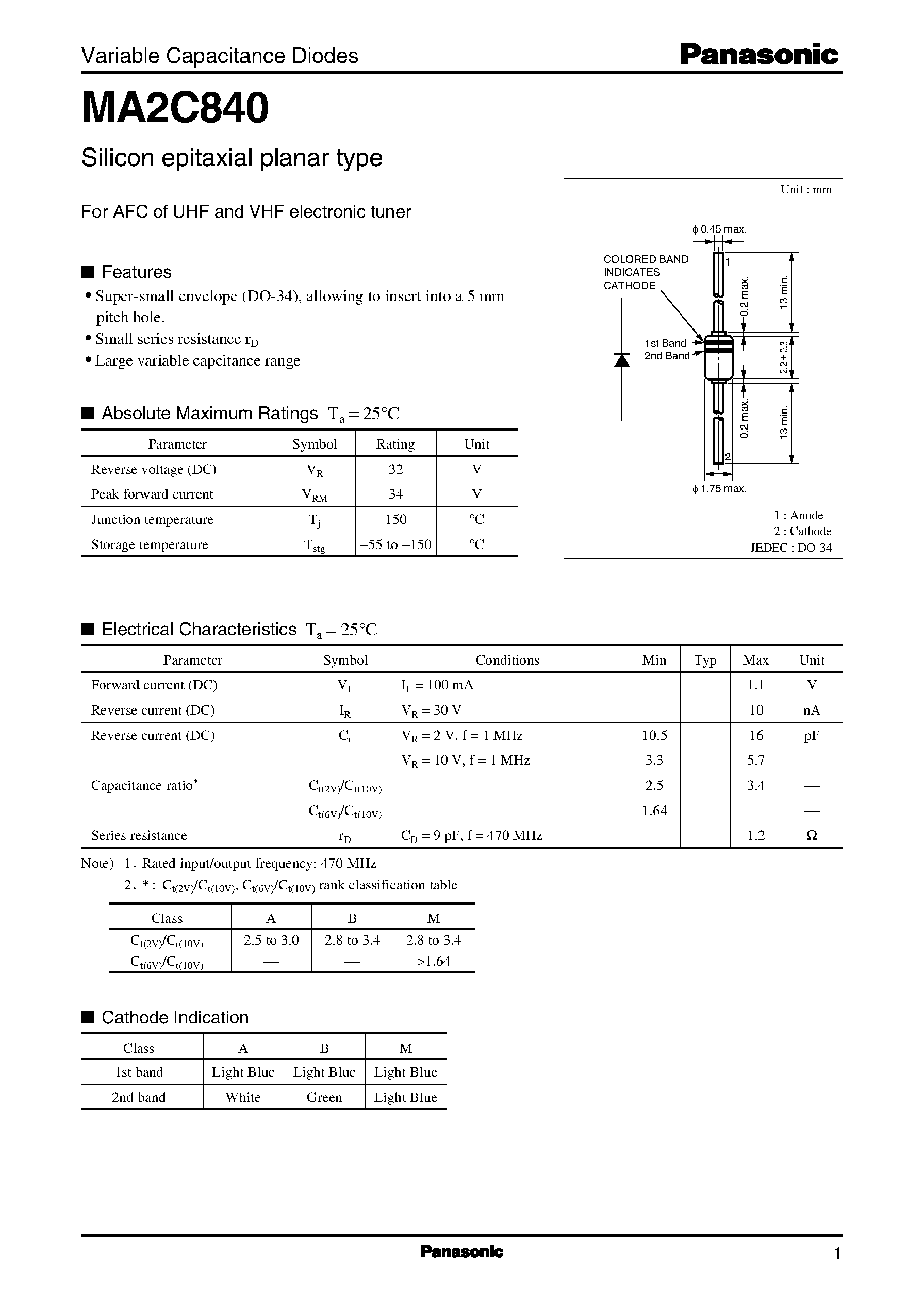 Даташит MA840 - Variable Capacitance Diodes страница 1