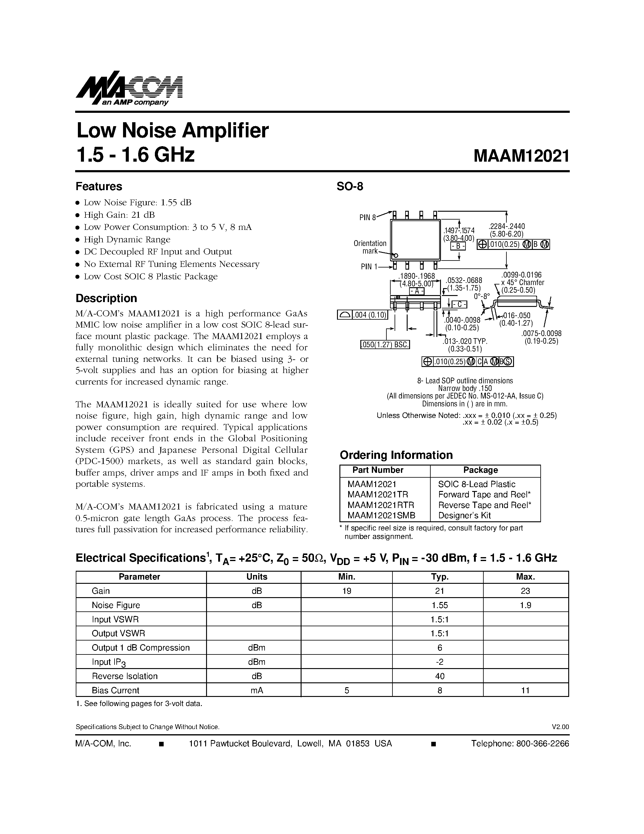 Datasheet MAAM12021RTR - Low Noise Amplifier 1.5 - 1.6 GHz page 1