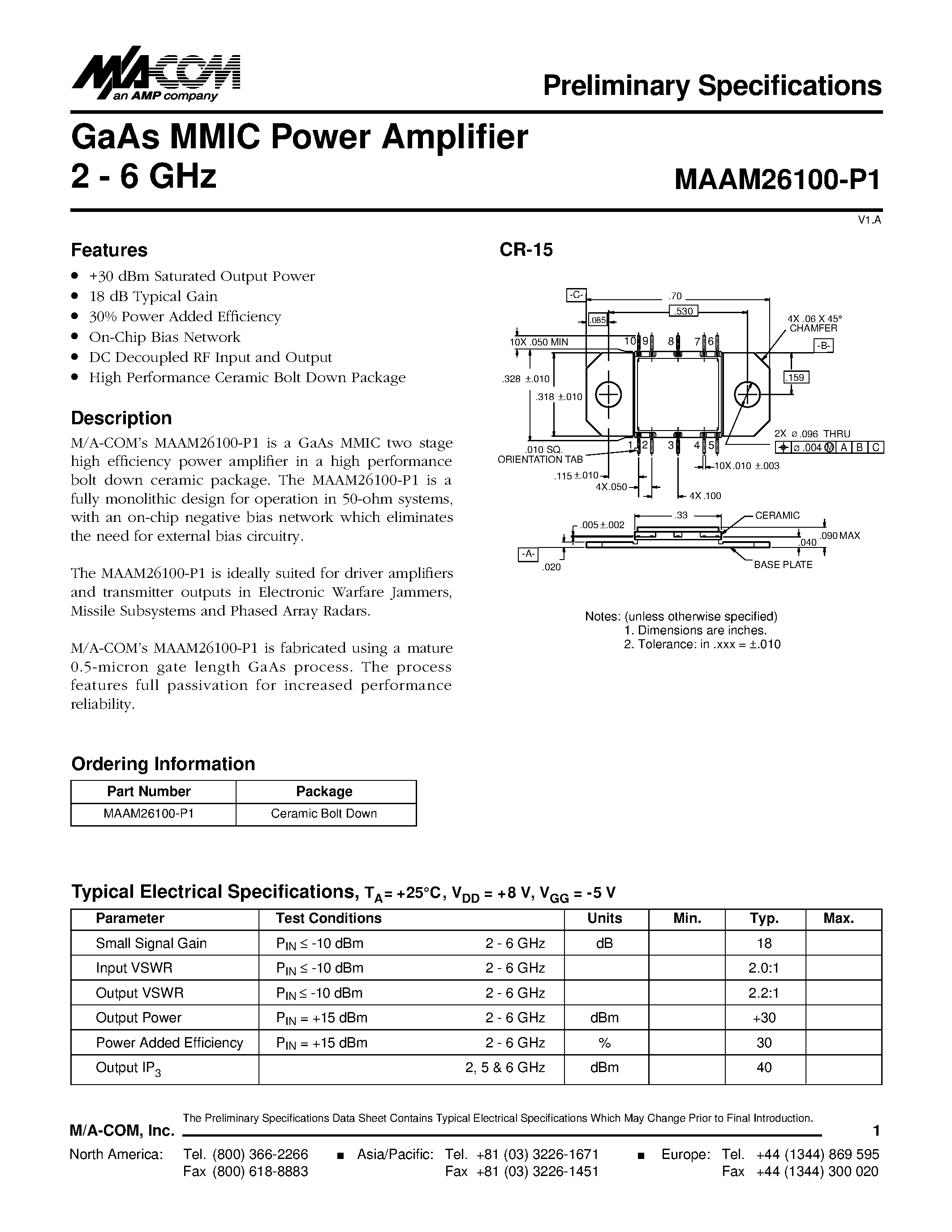 Datasheet MAAM26100-P1 - GaAs MMIC Power Amplifier 2 - 6 GHz page 1