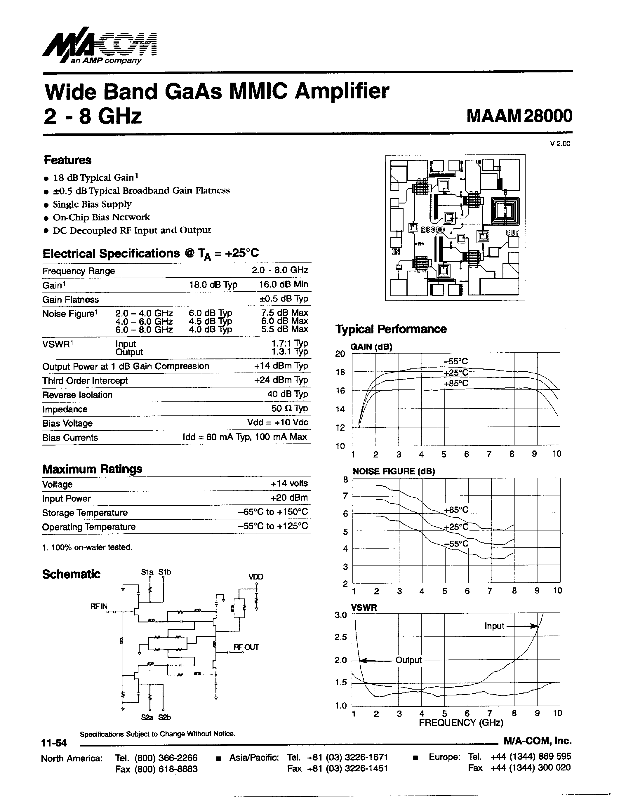 Datasheet MAAM28000 - Wide Band GaAs MMIC Amplifier 2-8GHz page 1