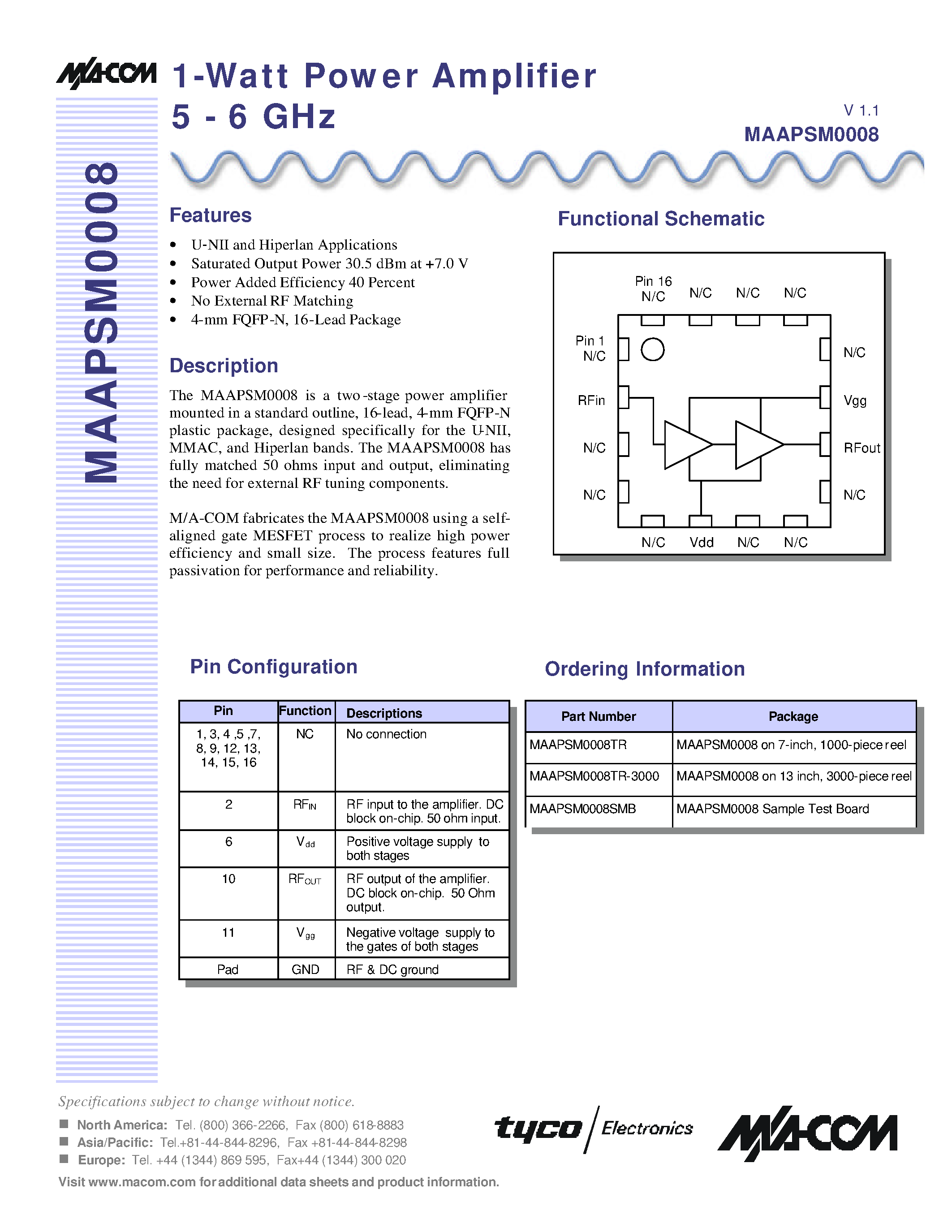 Datasheet MAAPSM0008TR - 1-Watt Power Amplifier 5 - 6 GHz page 1