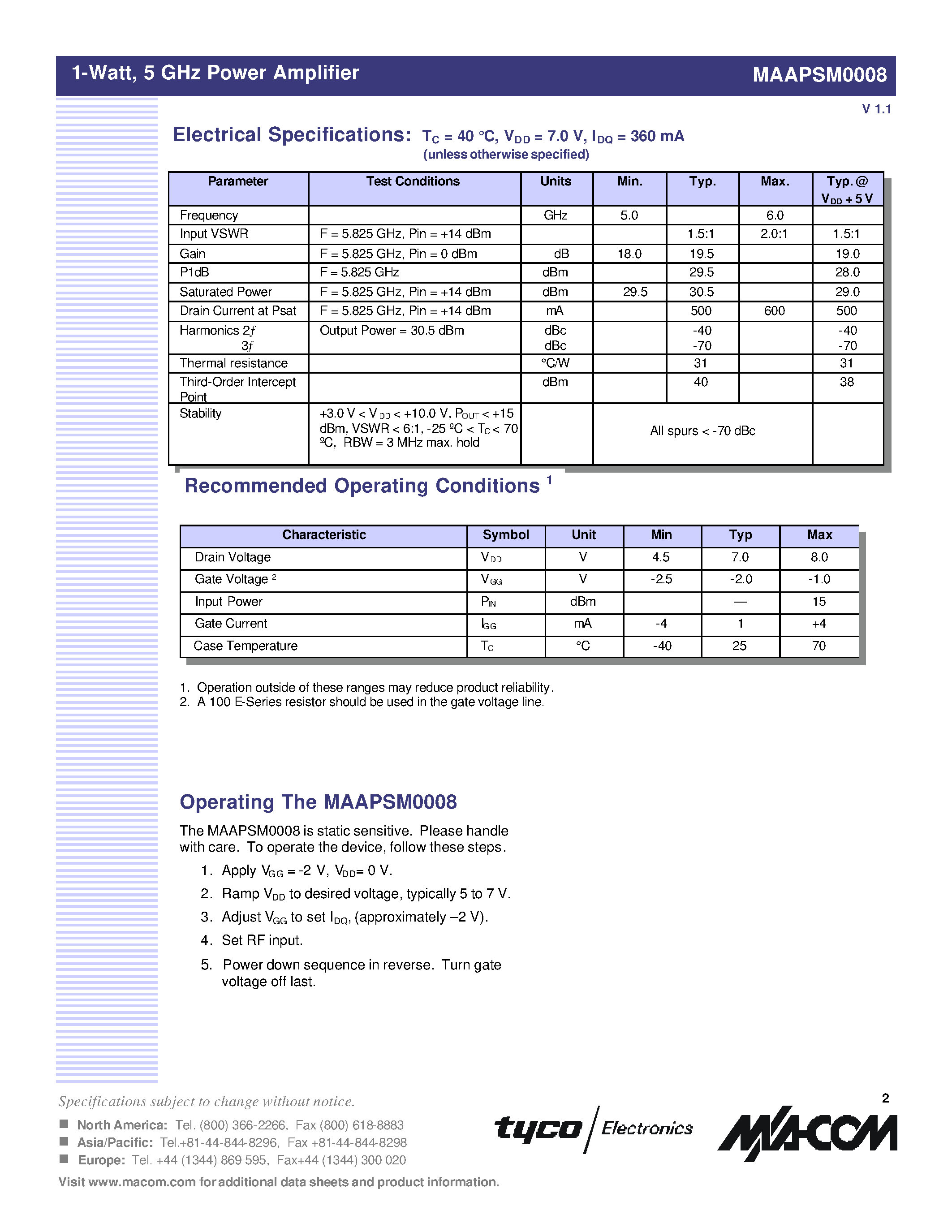 Datasheet MAAPSM0008TR - 1-Watt Power Amplifier 5 - 6 GHz page 2