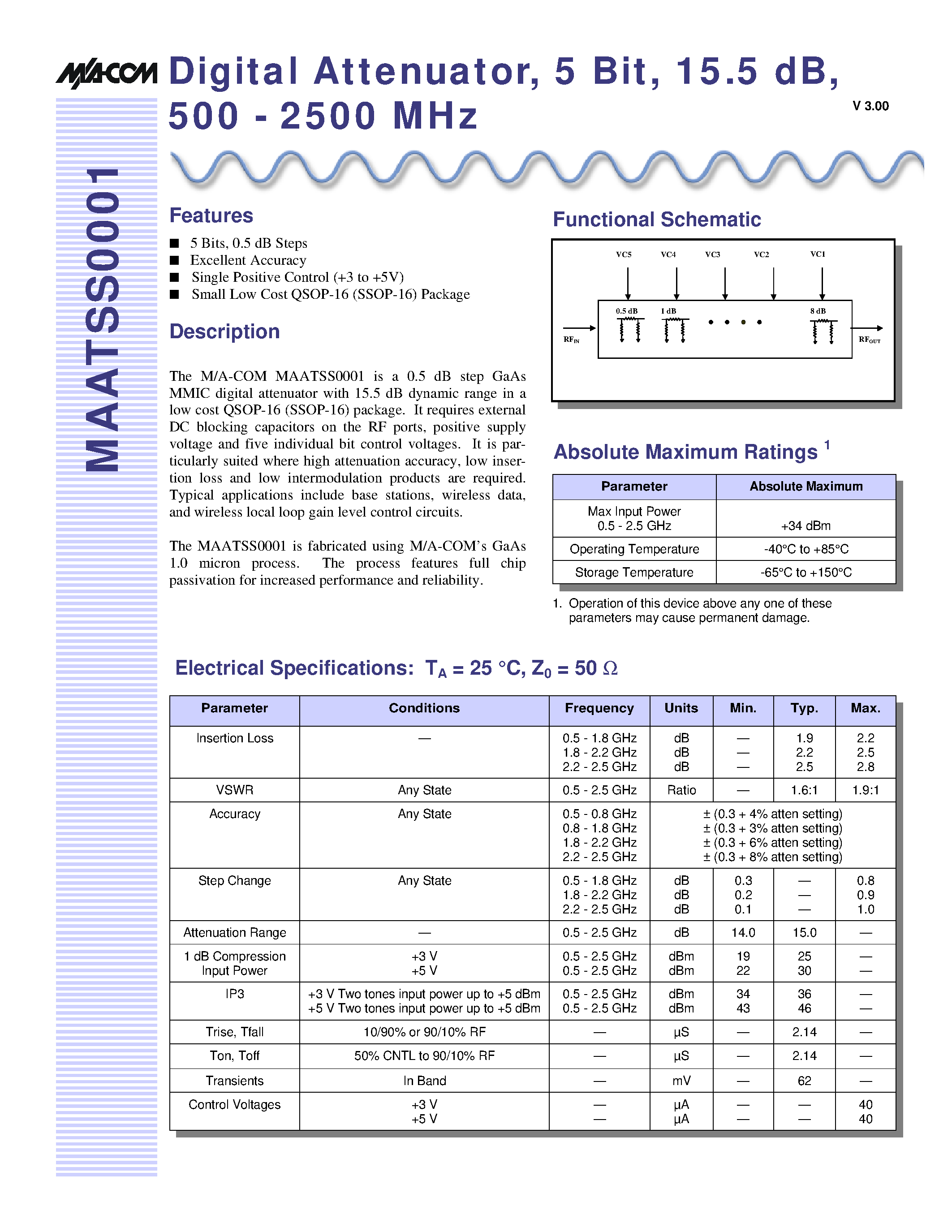 Даташит на микросхему MAATSS0001 страница 1 Даташит MAATSS0001 - Digital Attenuator / 5 Bit / 15.5 dB / 500 - 2500 MHz страница 1
