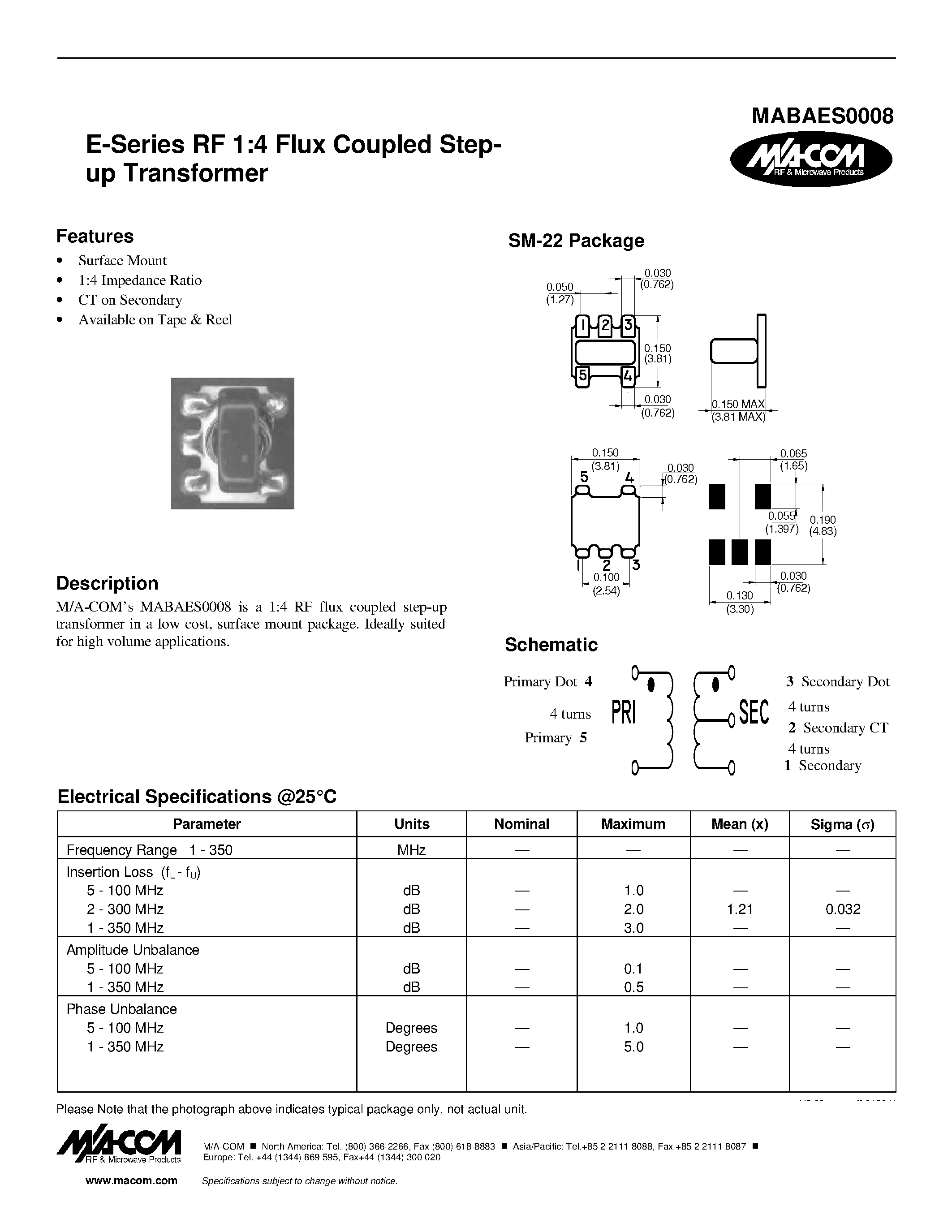 Datasheet MABAES0008 - E-Series RF 1:4 Flux Coupled Stepup Transformer page 1