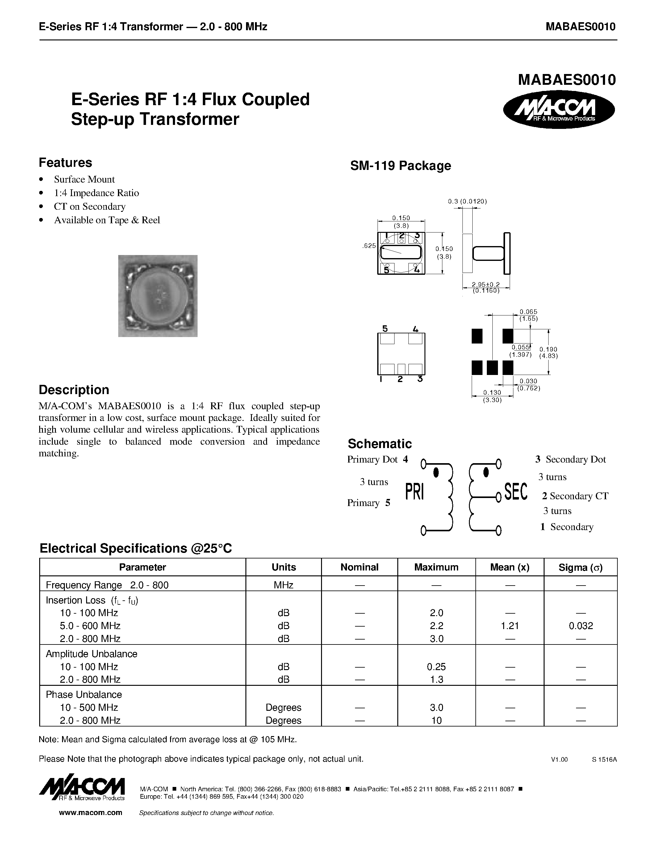 Datasheet MABAES0010 - E-Series RF 1:4 Flux Coupled Step-up Transformer page 1
