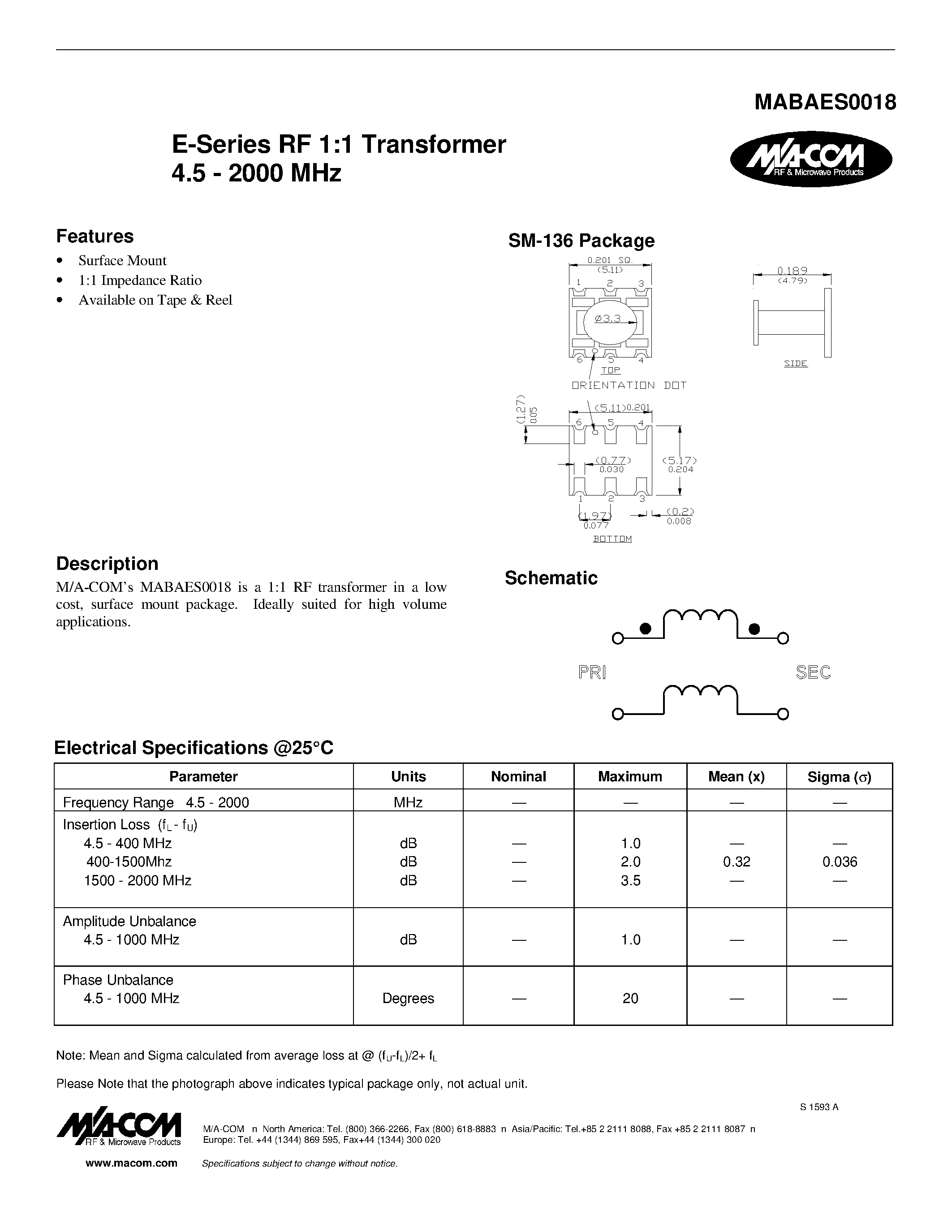 Datasheet MABAES0018 - E-Series RF 1:1 Transformer 4.5 - 2000 MHz page 1