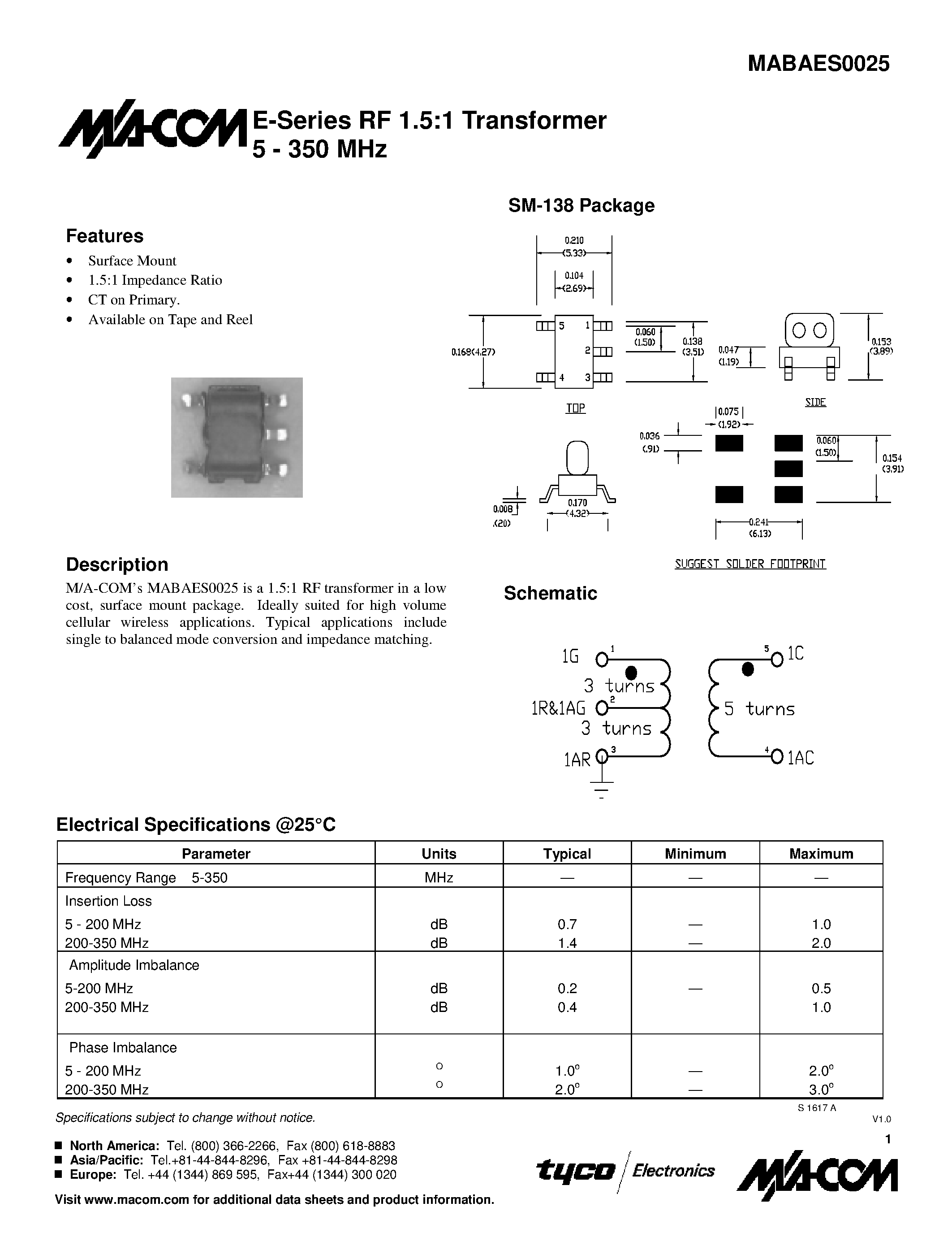 Datasheet MABAES0025 - E-Series RF 1.5:1 Transformer 5 - 350 MHz page 1