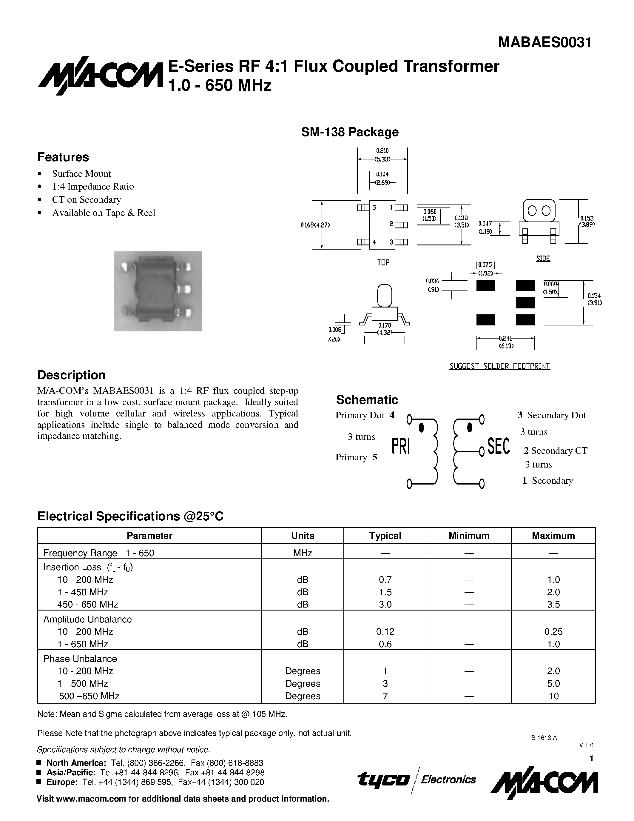 Datasheet MABAES0031 - E-Series RF 4:1 Flux Coupled Transformer 1.0 - 650 MHz page 1