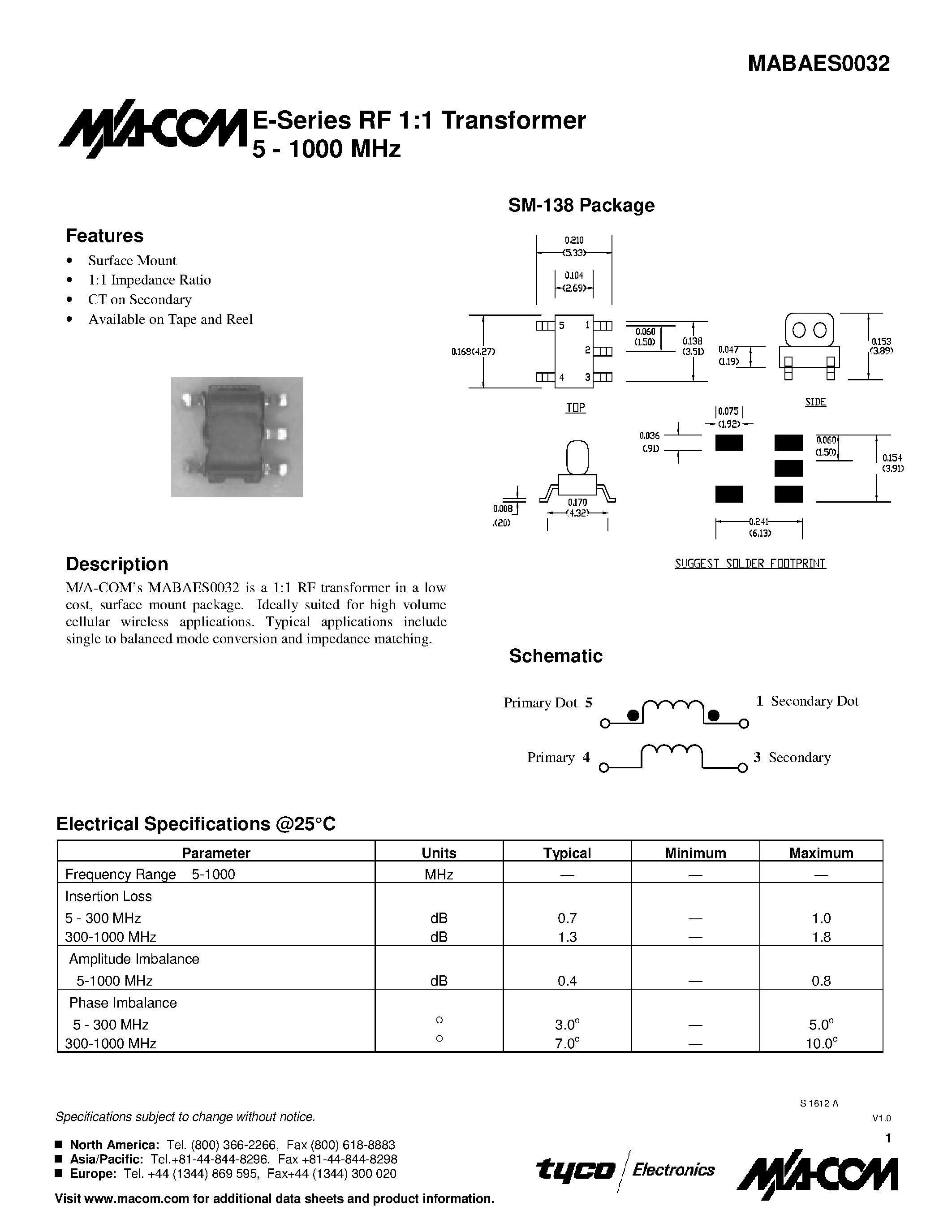 Datasheet MABAES0032 - E-Series RF 1:1 Transformer 5 - 1000 MHz page 1