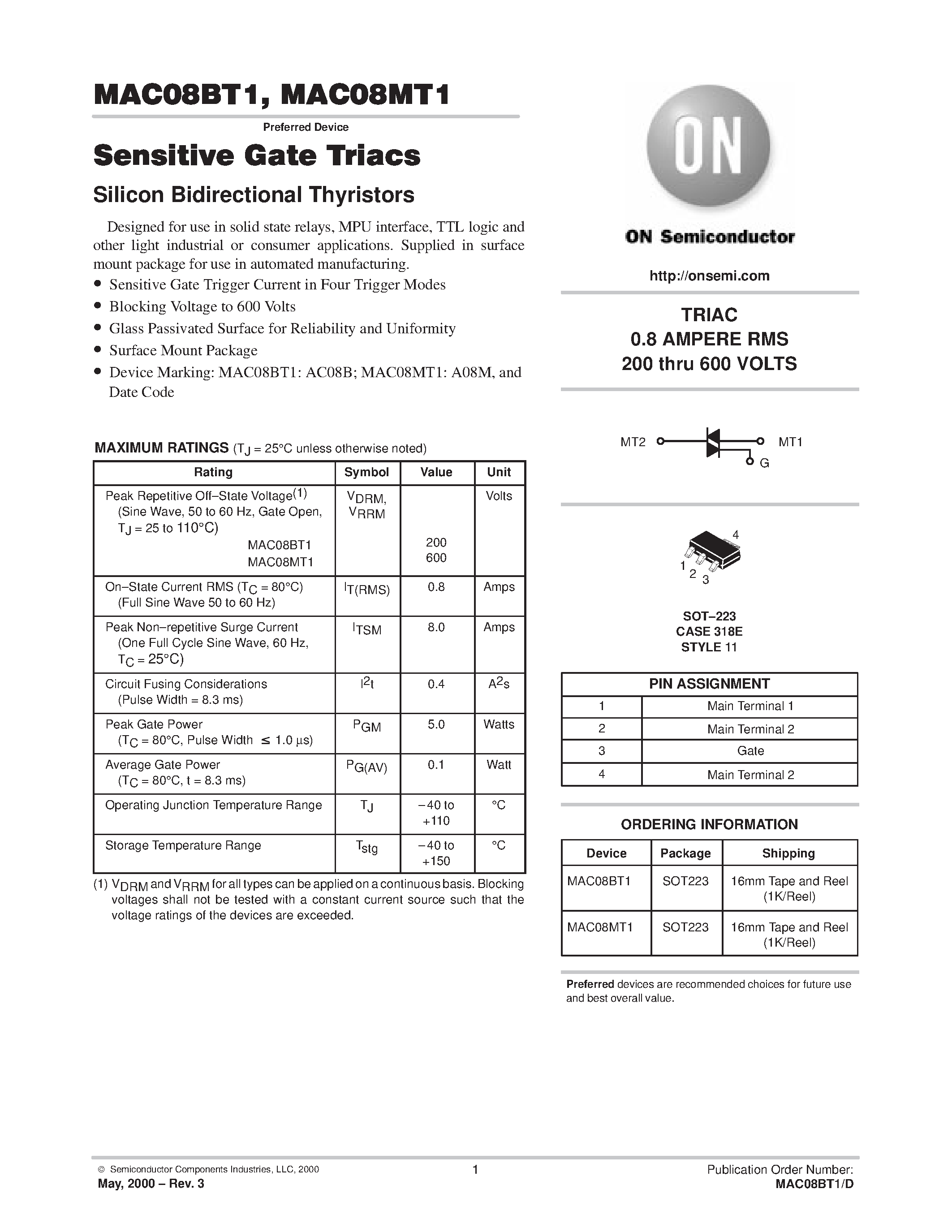 Datasheet MAC08BT1 - SENSITIVE GATE TRIACS page 1