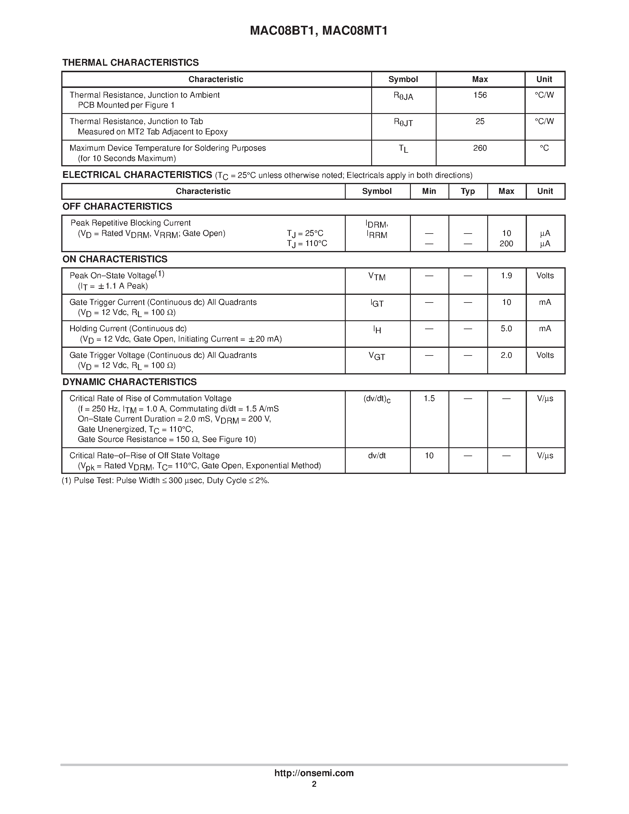 Datasheet MAC08BT1 - SENSITIVE GATE TRIACS page 2