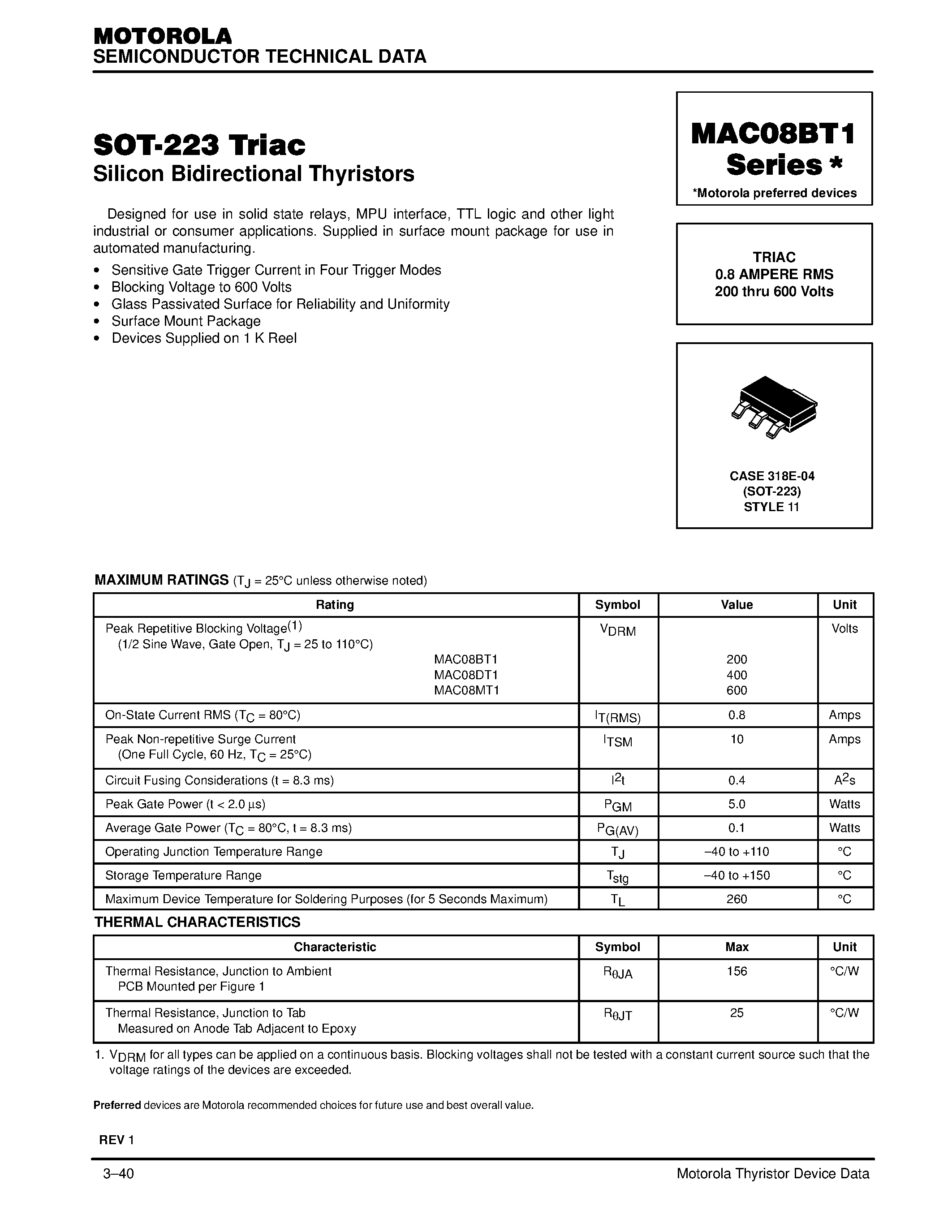 Datasheet MAC08DT1 - TRIAC 0.8 AMPERE RMS 200 thru 600 Volts page 1
