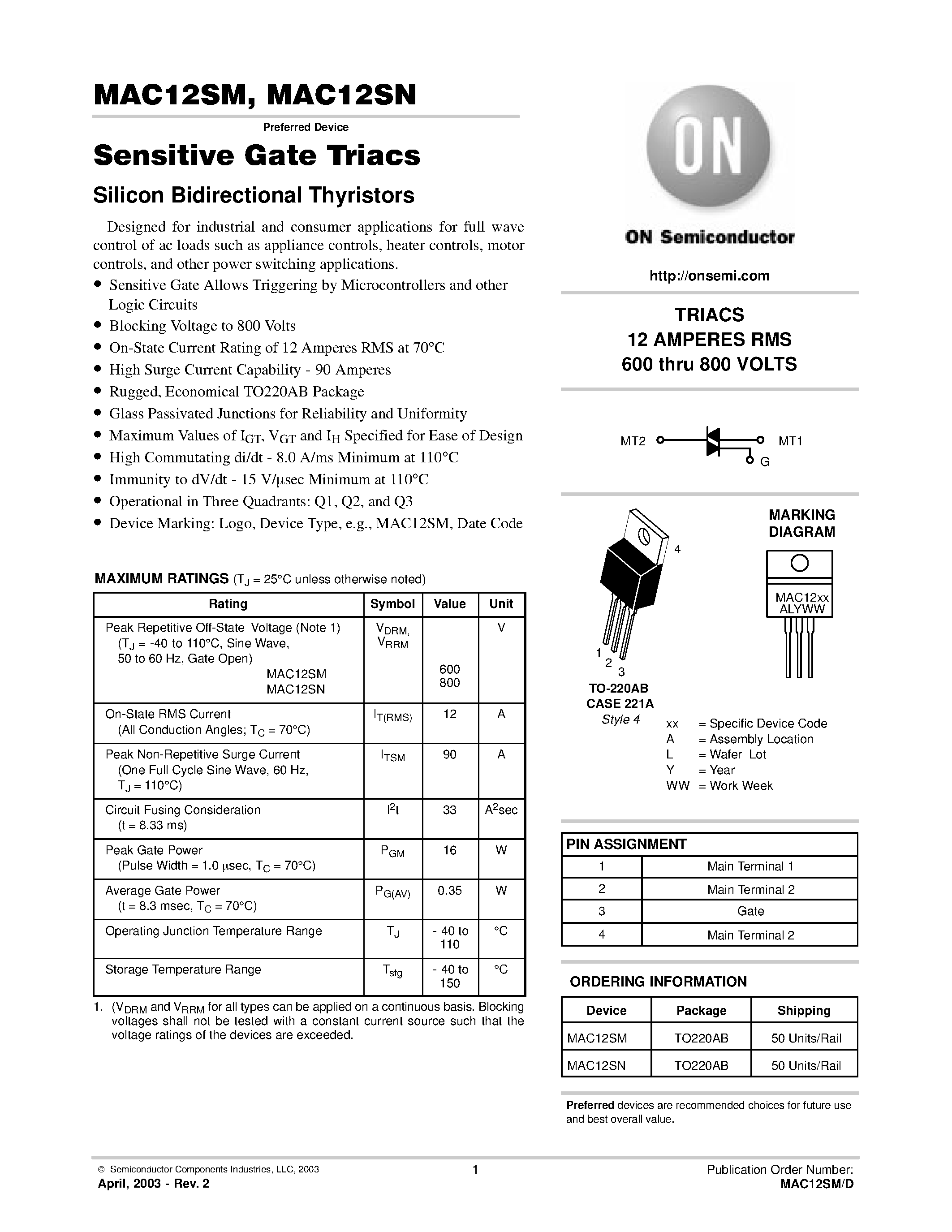 Datasheet MAC12 - Sensitive Gate Triacs page 1