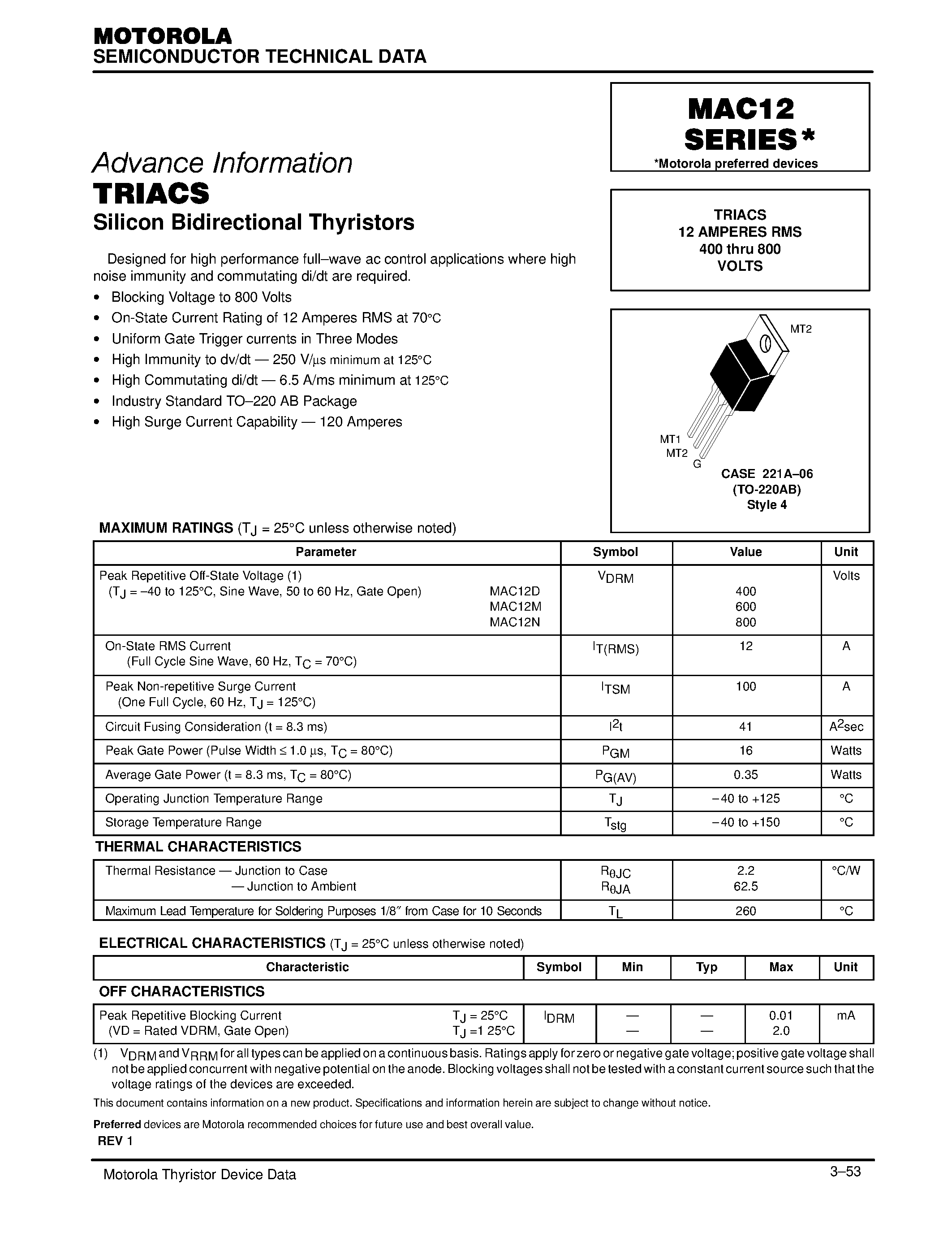 Datasheet MAC12D - TRIACS 12 AMPERES RMS 400 thru 800 VOLTS page 1