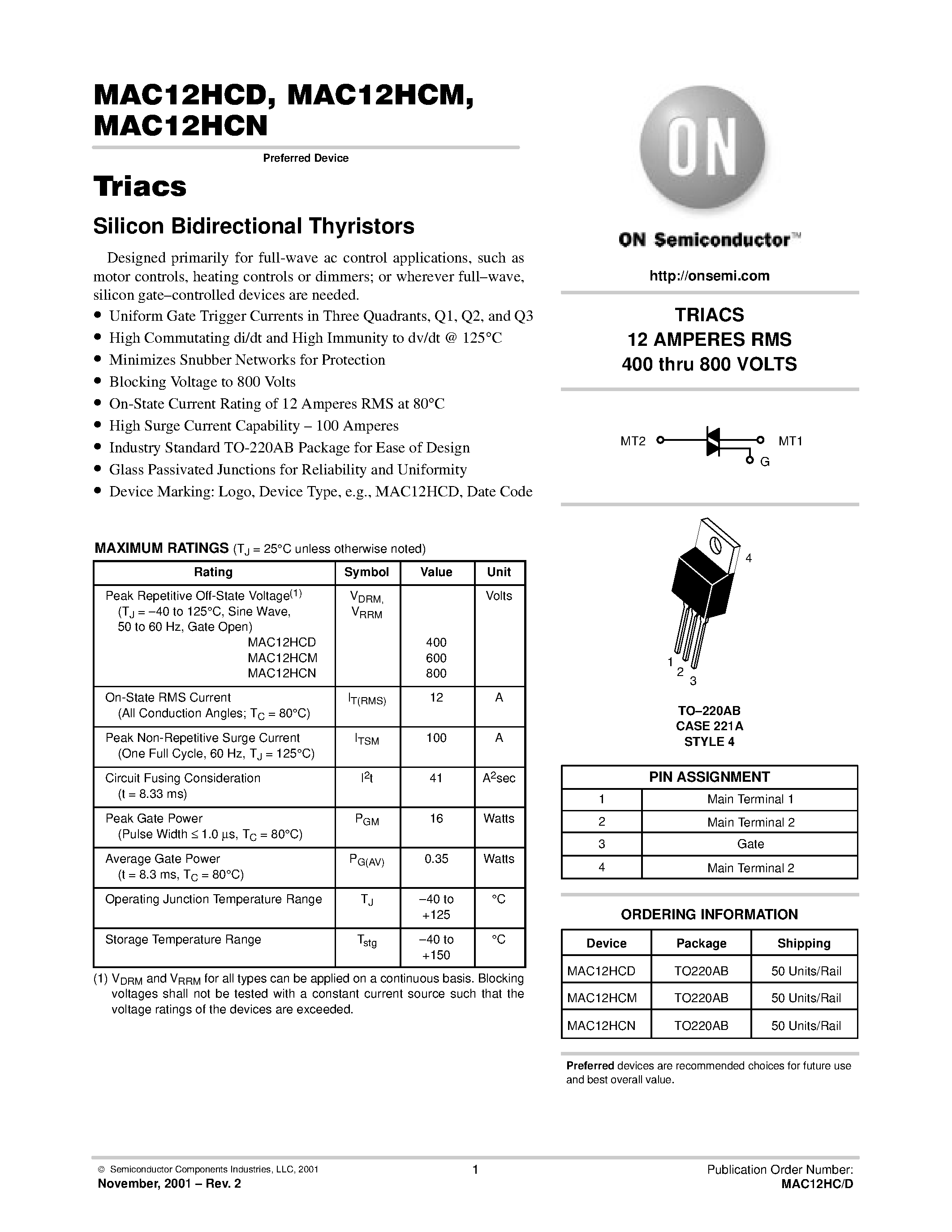 Datasheet MAC12HCD - Triacs Silicon Bidirectional Thyristors page 1