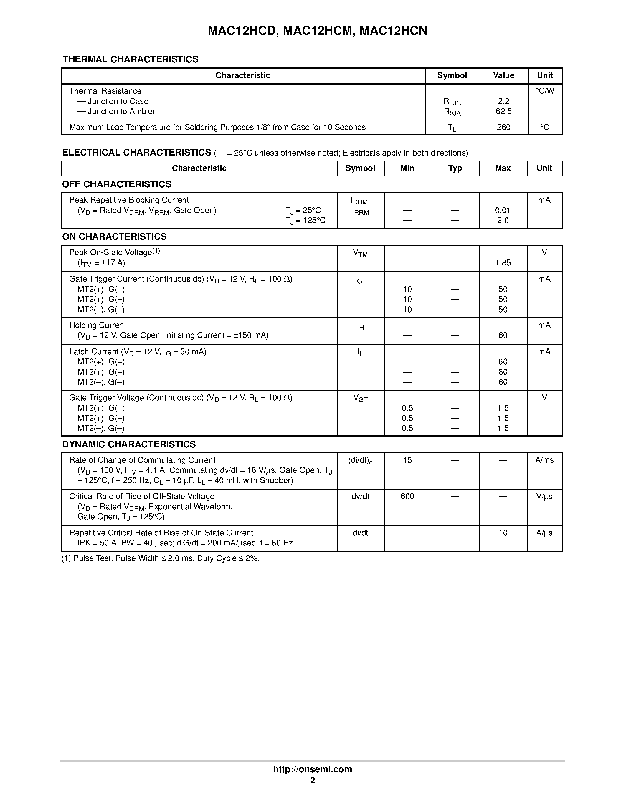 Datasheet MAC12HCN - Triacs Silicon Bidirectional Thyristors page 2