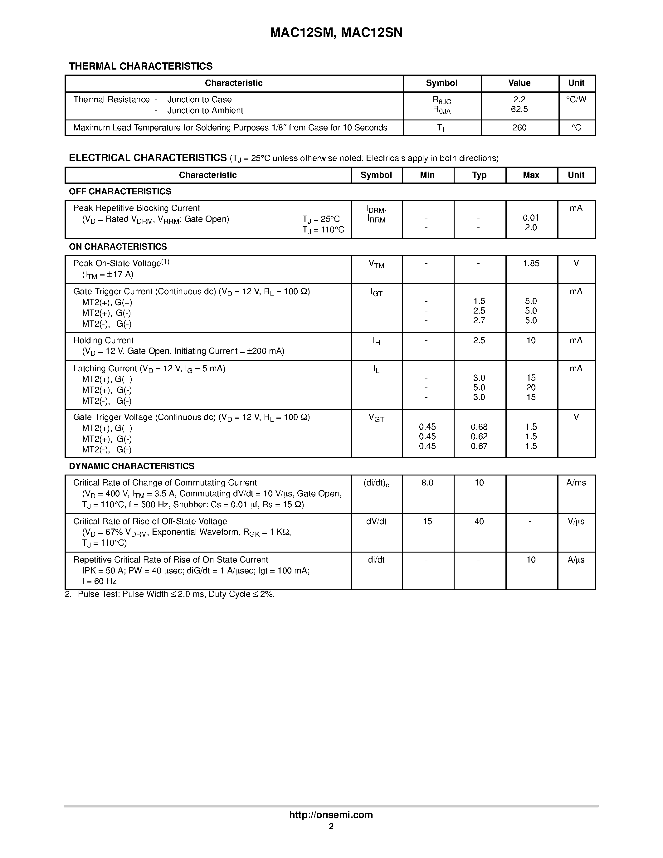 Datasheet MAC12SN - Sensitive Gate Triacs page 2