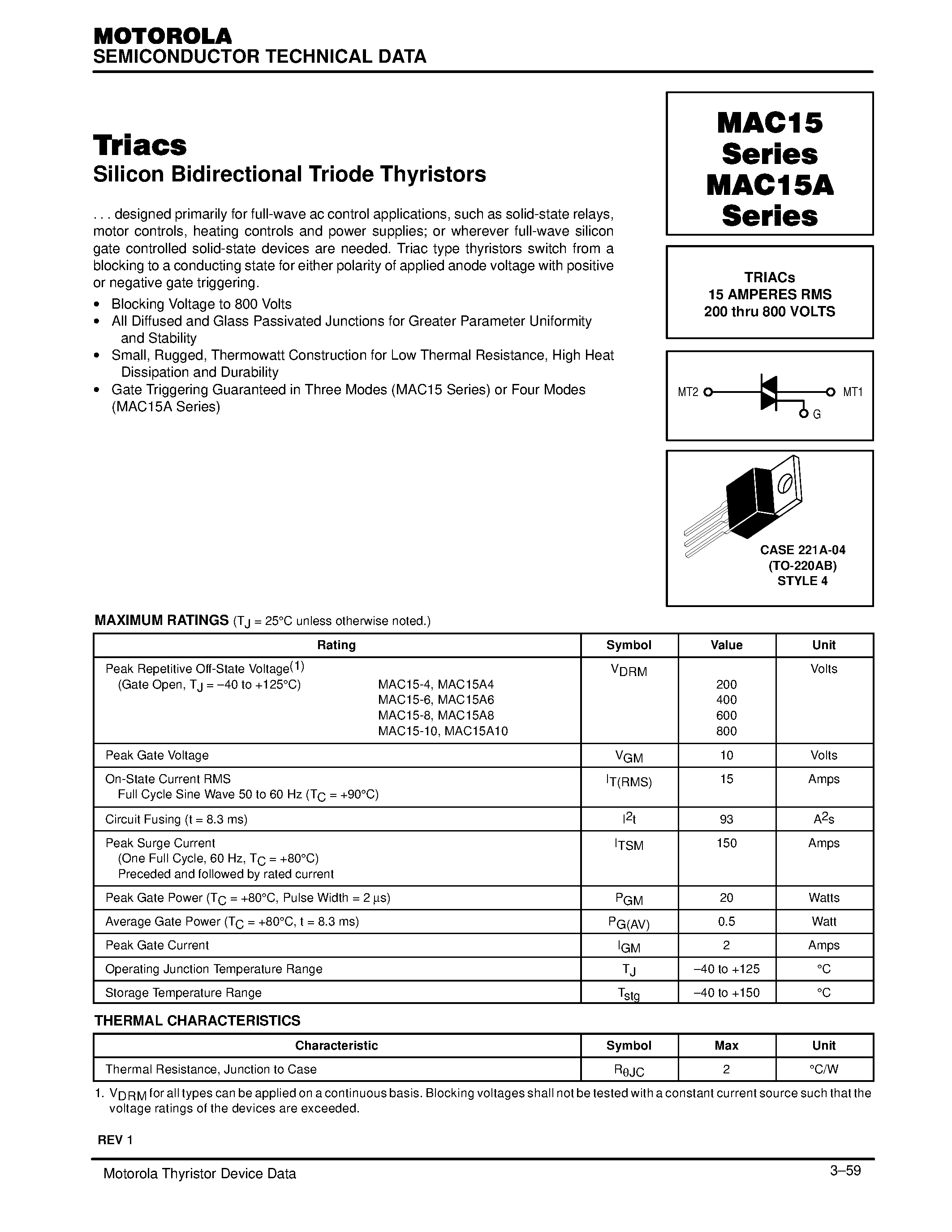 Datasheet MAC15A8 - TRIACs 15 AMPERES RMS 200 thru 800 VOLTS page 1