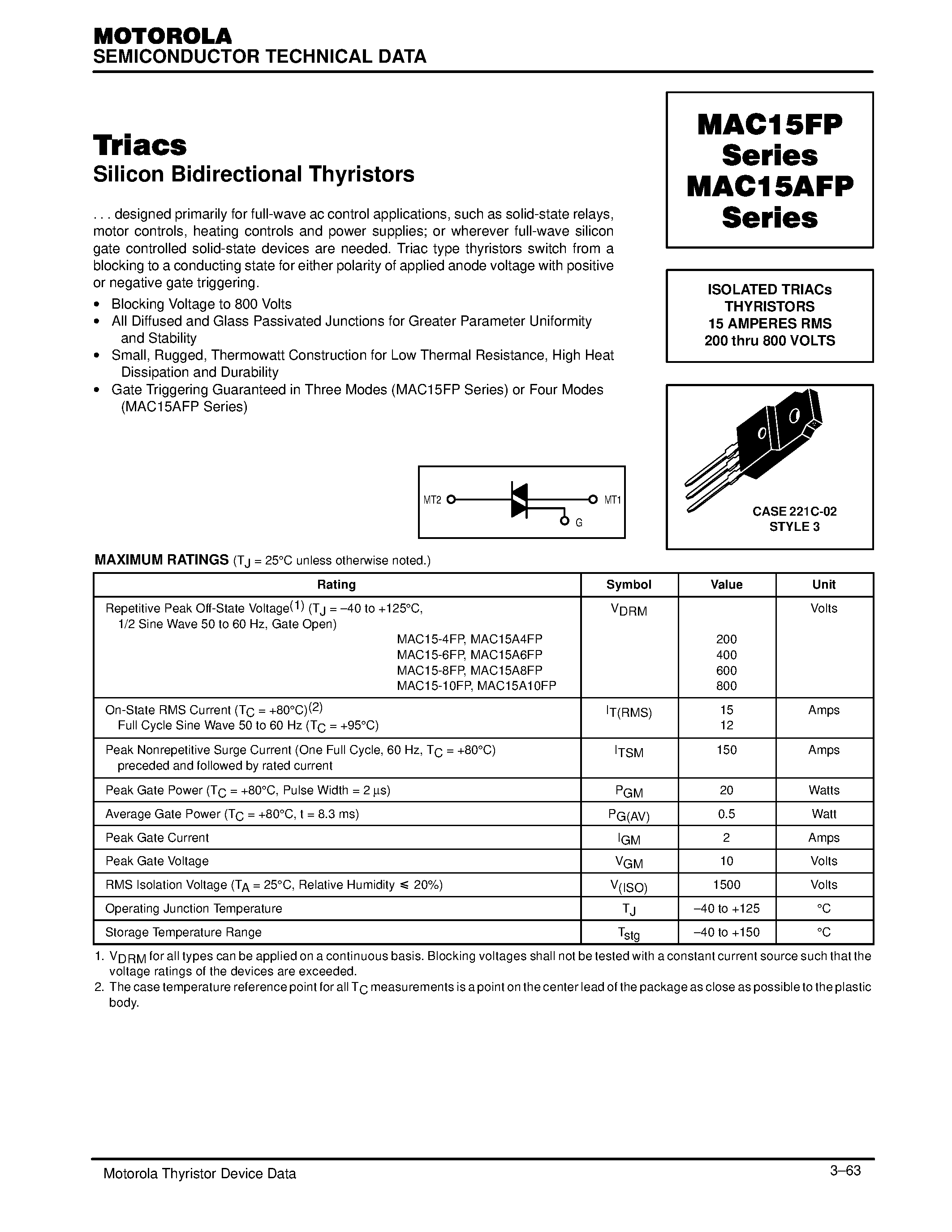 Datasheet MAC15A8FP - ISOLATED TRIACs THYRISTORS 15 AMPERES RMS 200 thru 800 VOLTS page 1