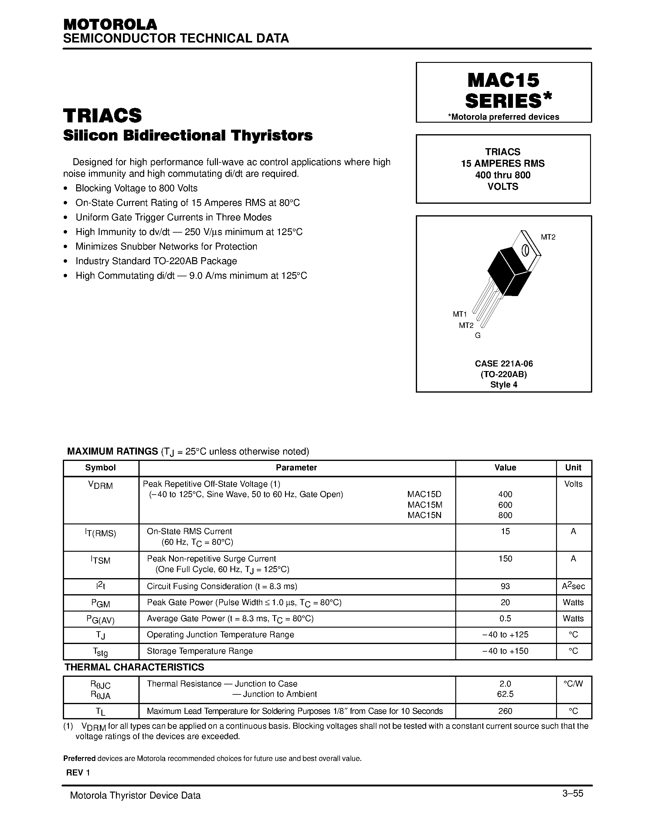 Datasheet MAC15N - TRIACS 15 AMPERES RMS 400 thru 800 VOLTS page 1