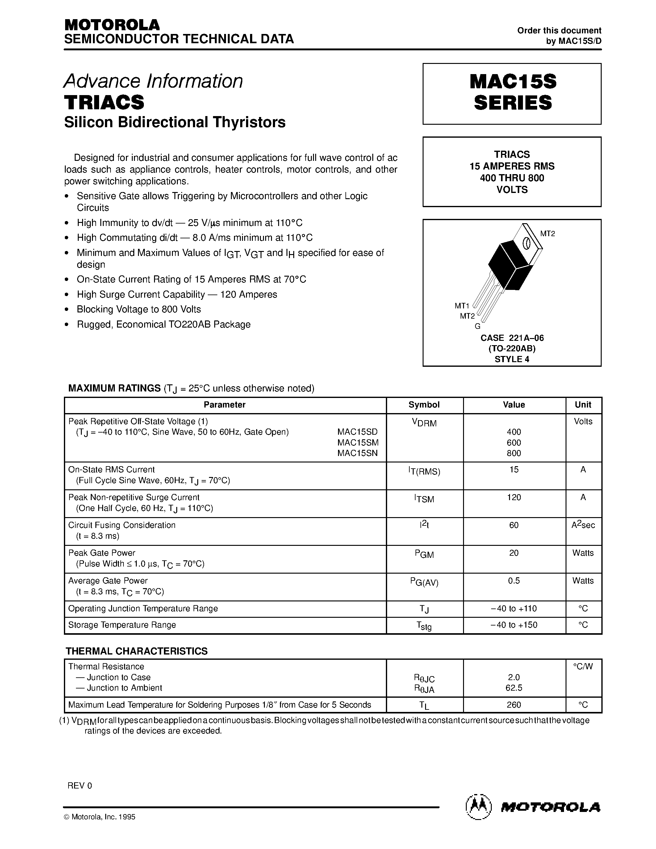 Datasheet MAC15SN - TRIACS 15 AMPERES RMS 400 THRU 800 VOLTS page 1