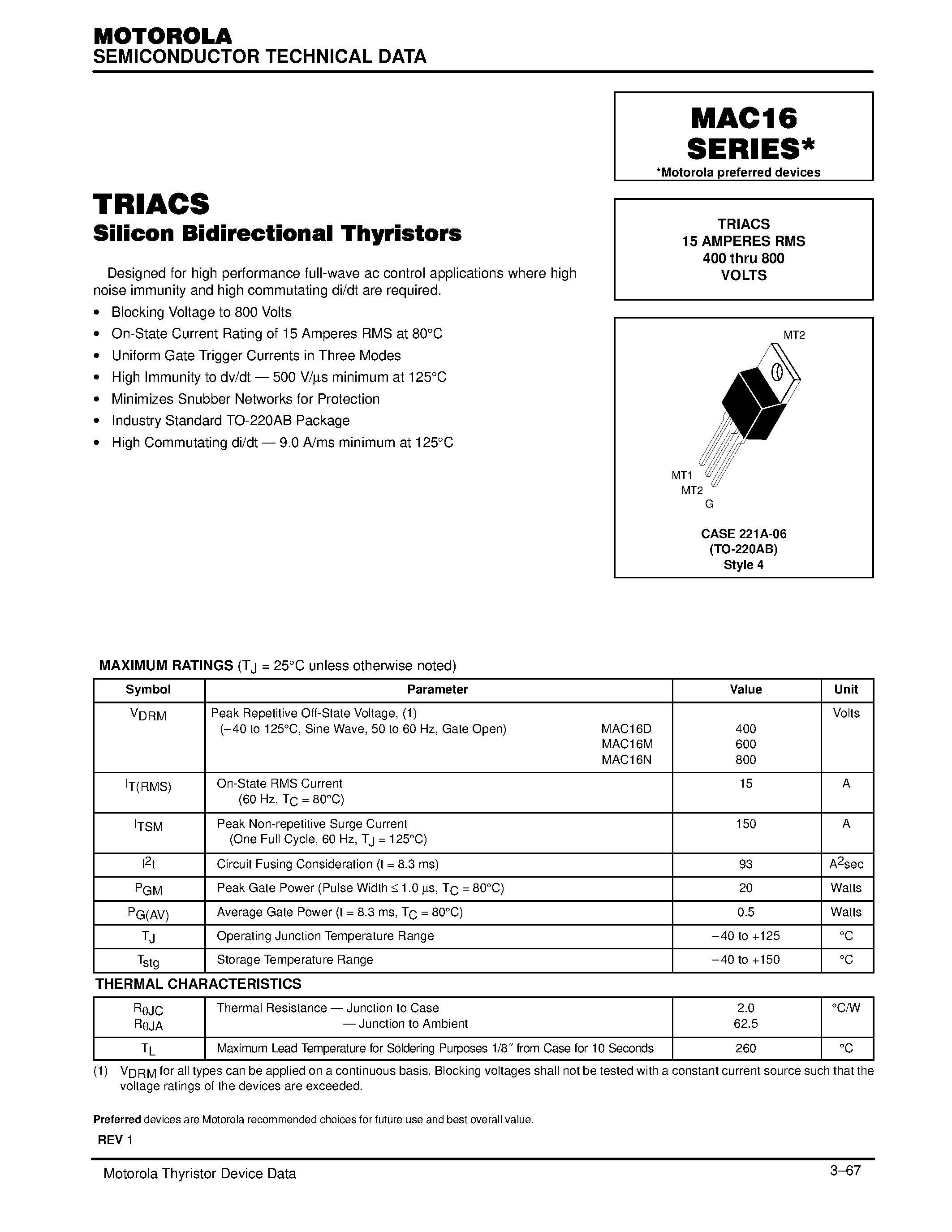 Datasheet MAC16M - TRIACS 15 AMPERES RMS 400 thru 800 VOLTS page 1