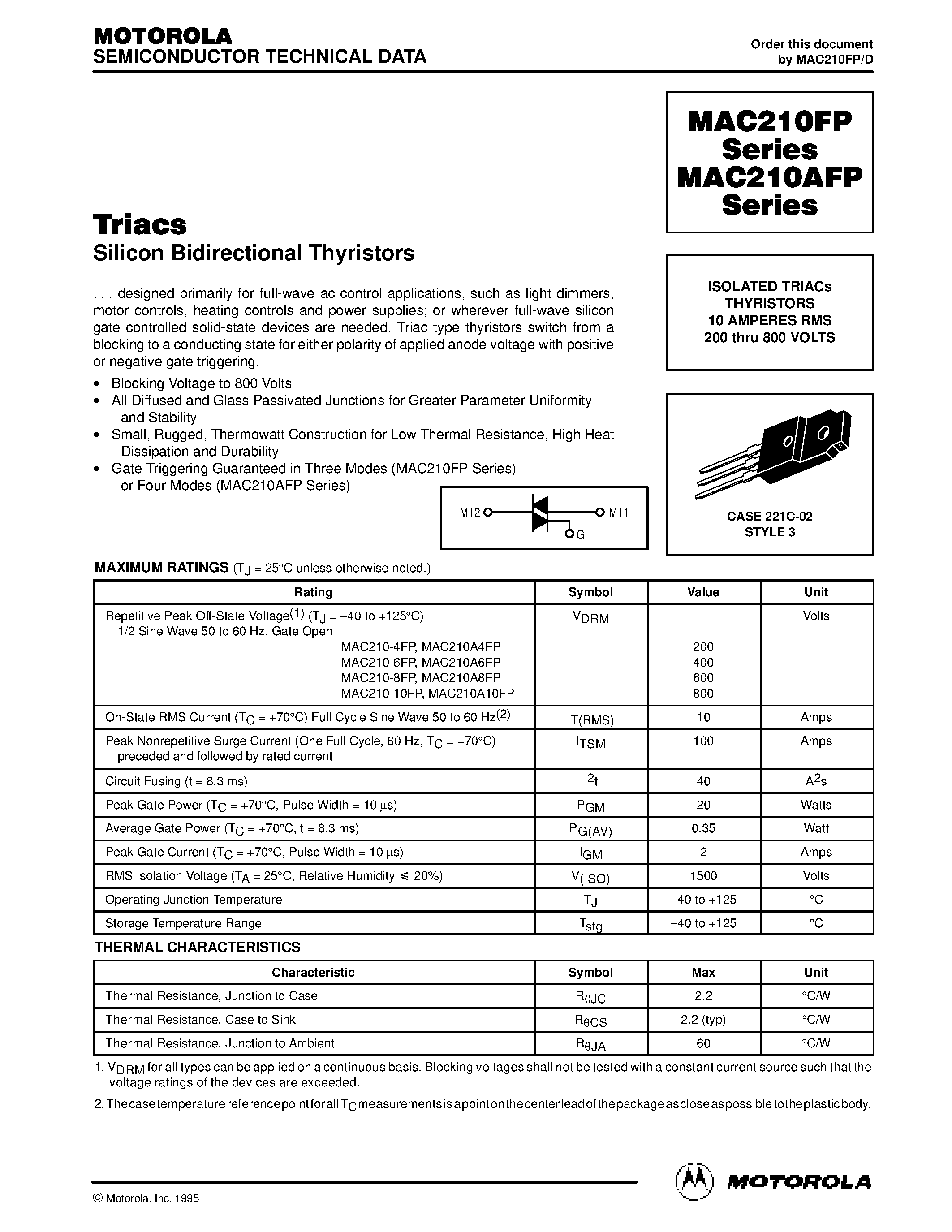 Datasheet MAC210-4FP - ISOLATED TRIACs THYRISTORS 10 AMPERES RMS 200 thru 800 VOLTS page 1