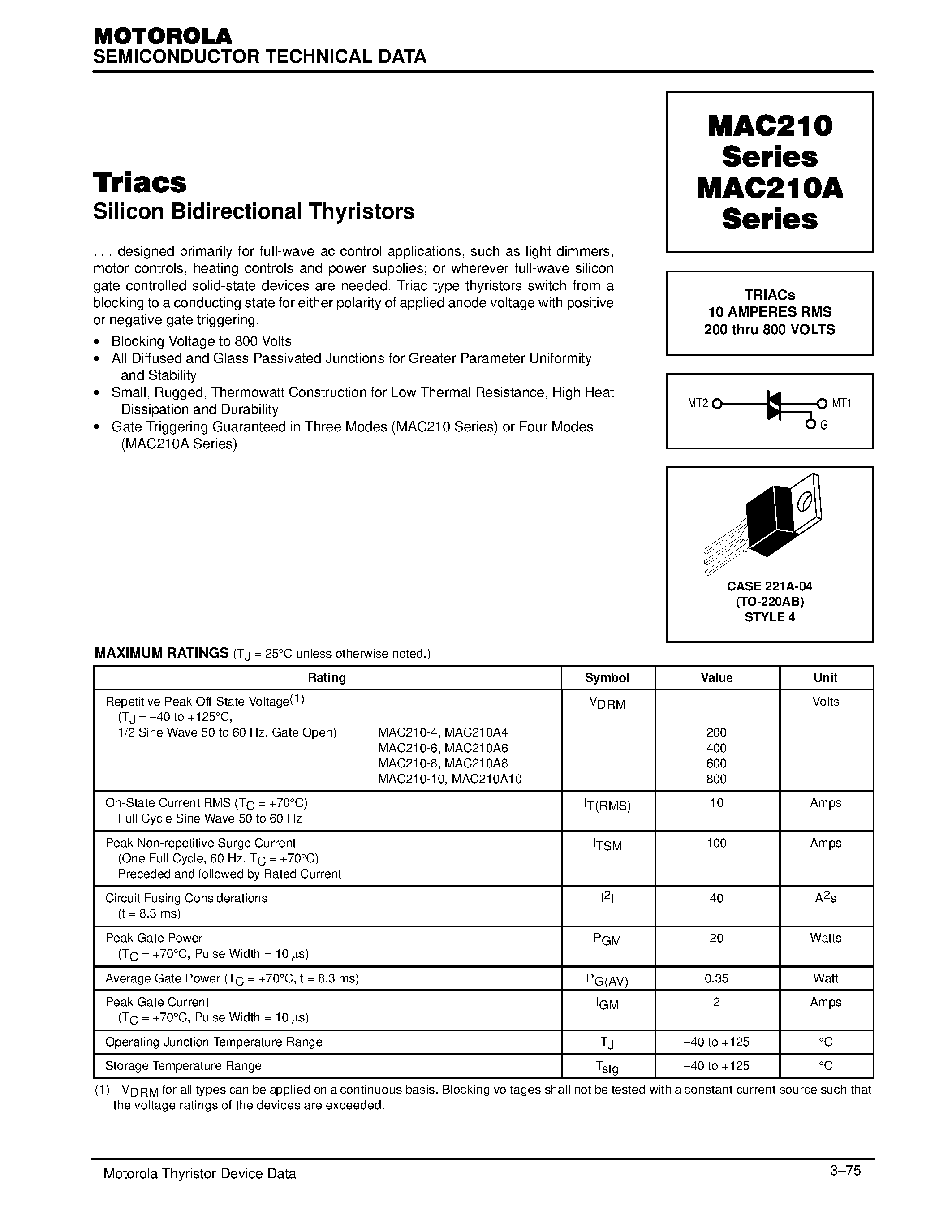 Datasheet MAC210A8 - TRIACs 10 AMPERES RMS 200 thru 800 VOLTS page 1