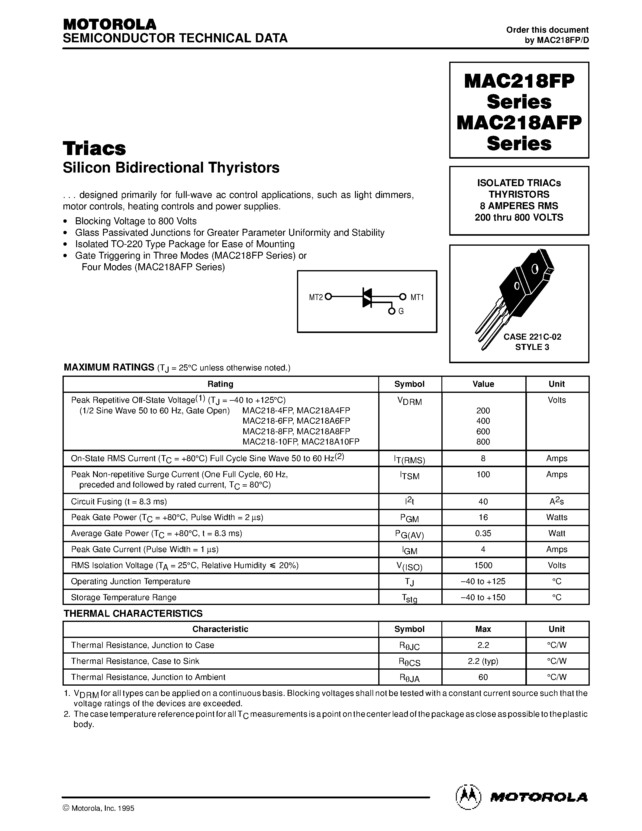 Datasheet MAC218A6FP - ISOLATED TRIACs THYRISTORS 8 AMPERES RMS 200 thru 800 VOLTS page 1