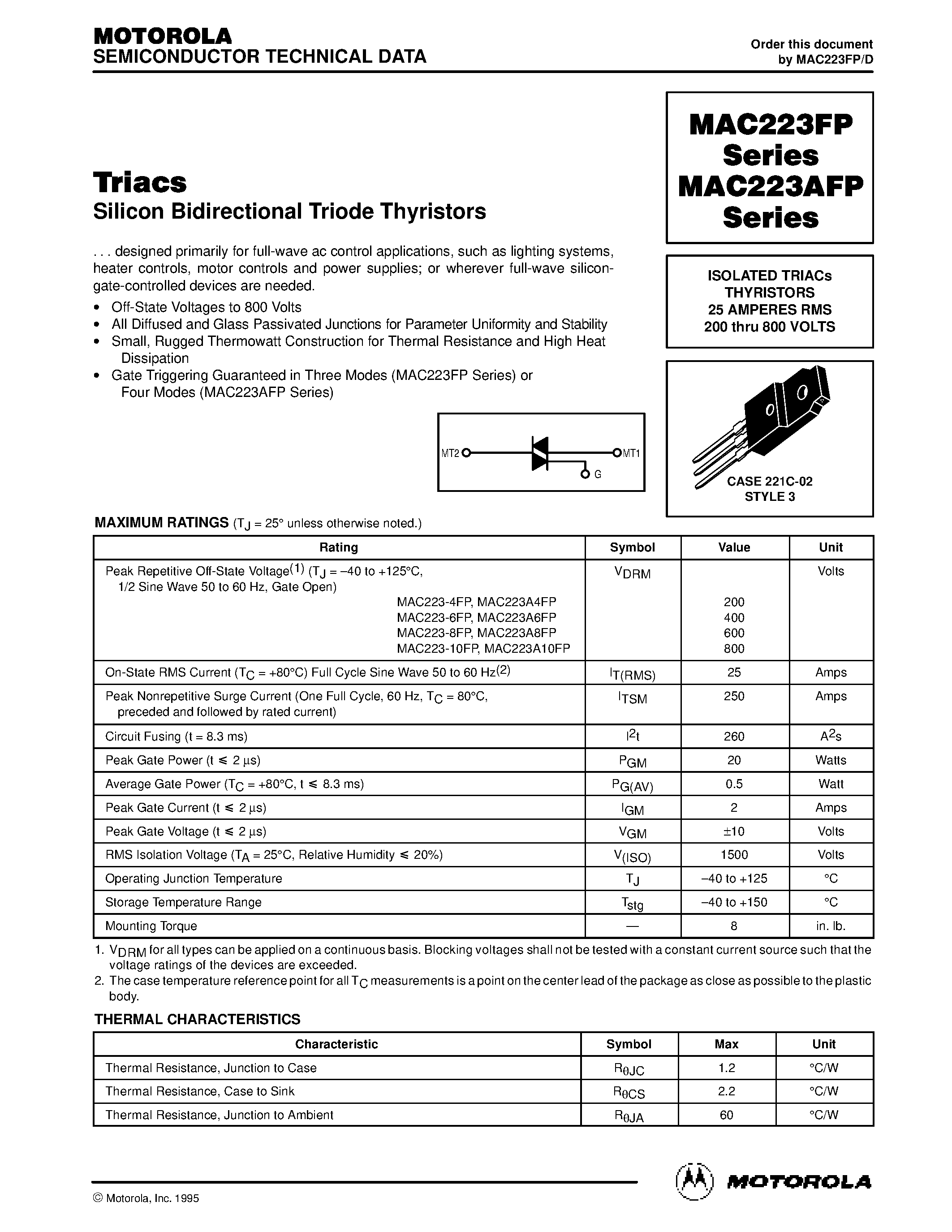 Datasheet MAC223A8FP page 1 Datasheet MAC223A8FP - ISOLATED TRIACs THYRISTORS 25 AMPERES RMS 200 thru 800 VOLTS page 1