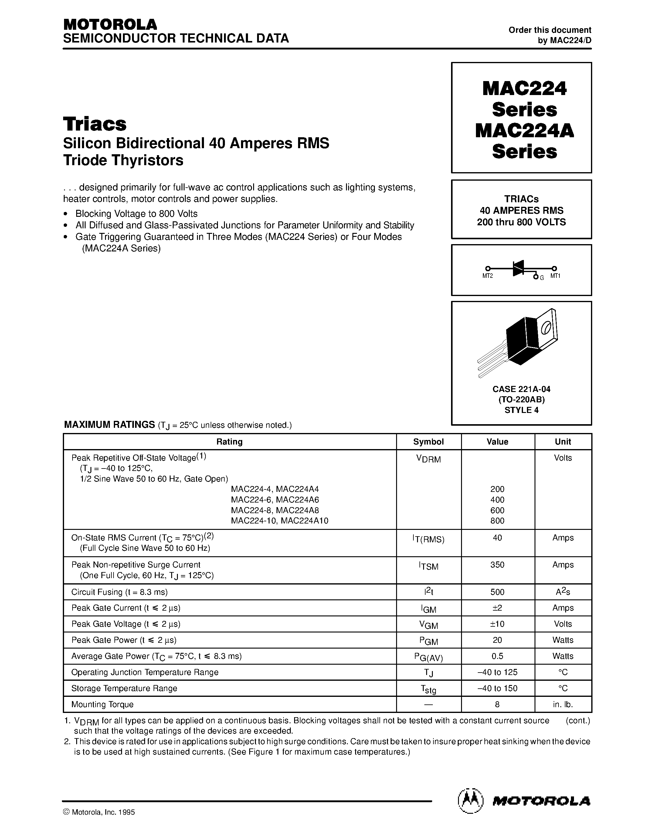 Datasheet MAC224A6 - TRIACs 40 AMPERES RMS 200 thru 800 VOLTS page 1
