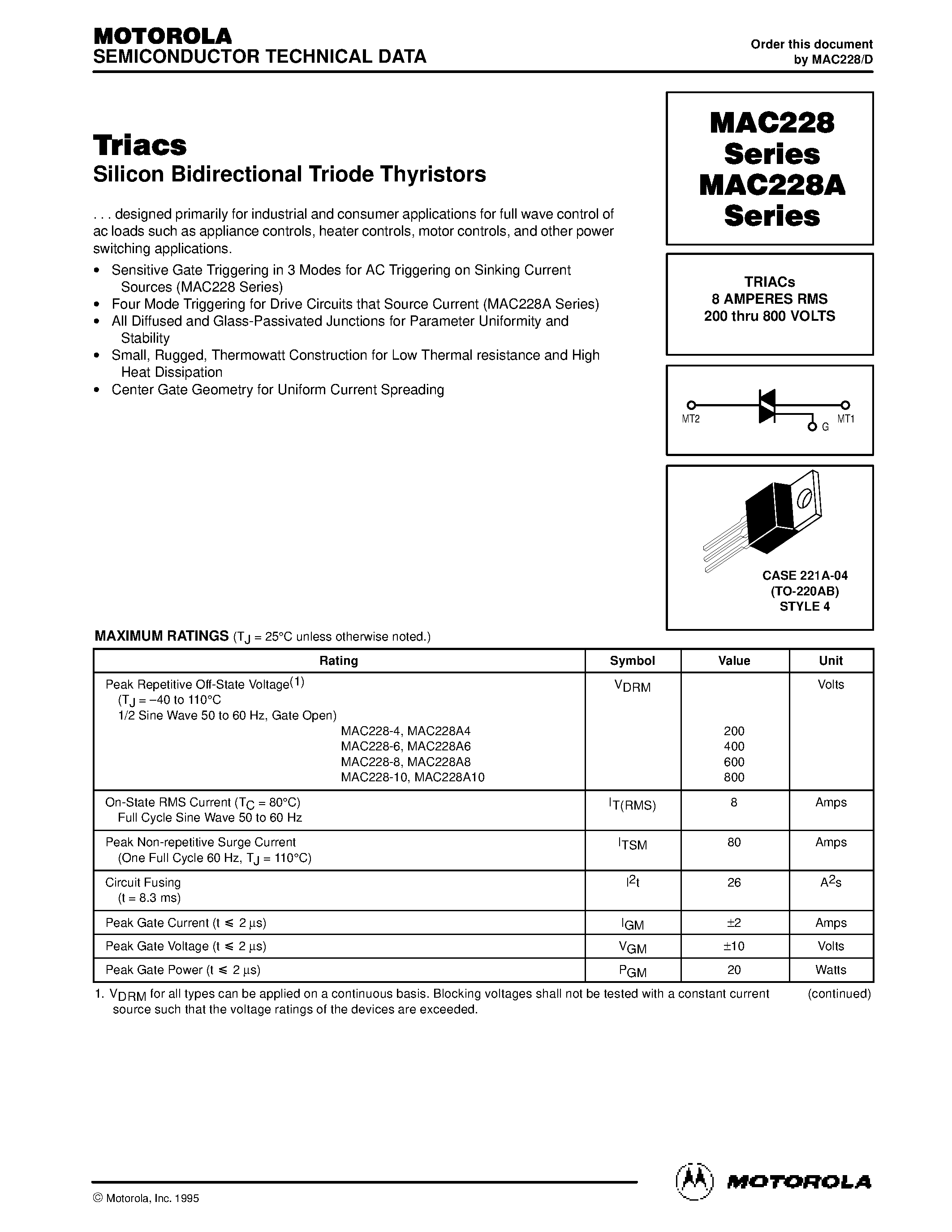 Datasheet MAC228-10 - TRIACs 8 AMPERES RMS 200 thru 800 VOLTS page 1