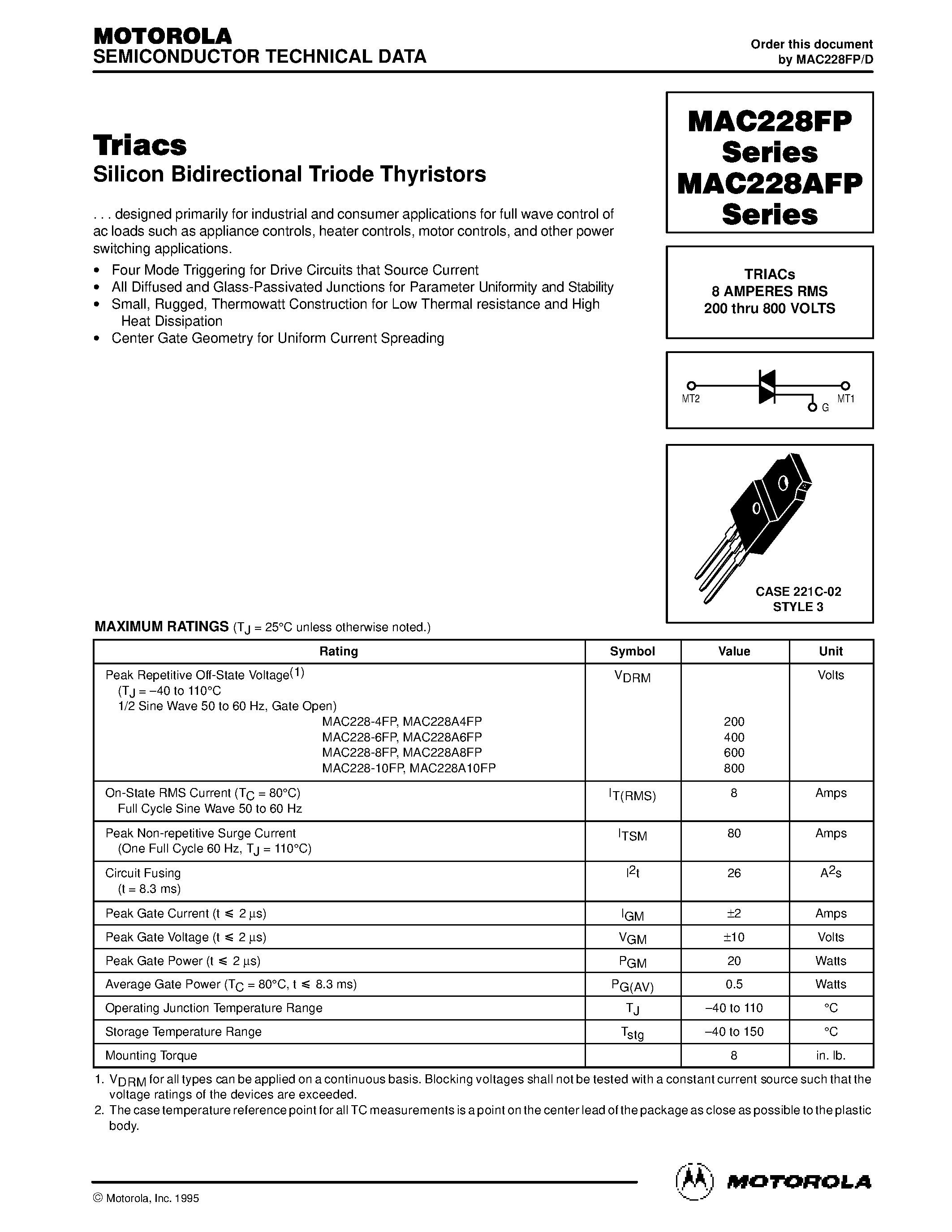 Datasheet MAC228-6FP - TRIACs 8 AMPERES RMS 200 thru 800 VOLTS page 1