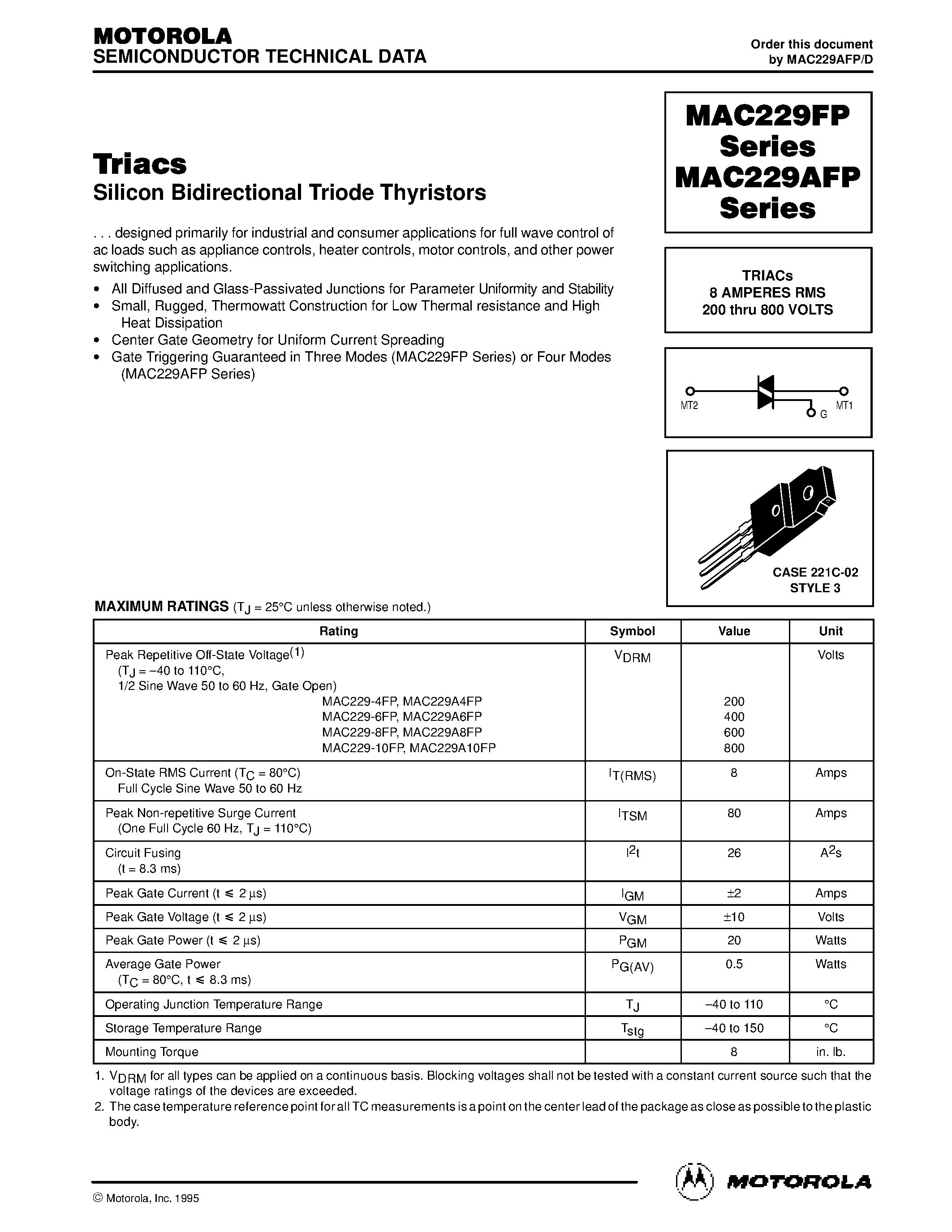 Datasheet MAC229-8FP - TRIACs 8 AMPERES RMS 200 thru 800 VOLTS page 1