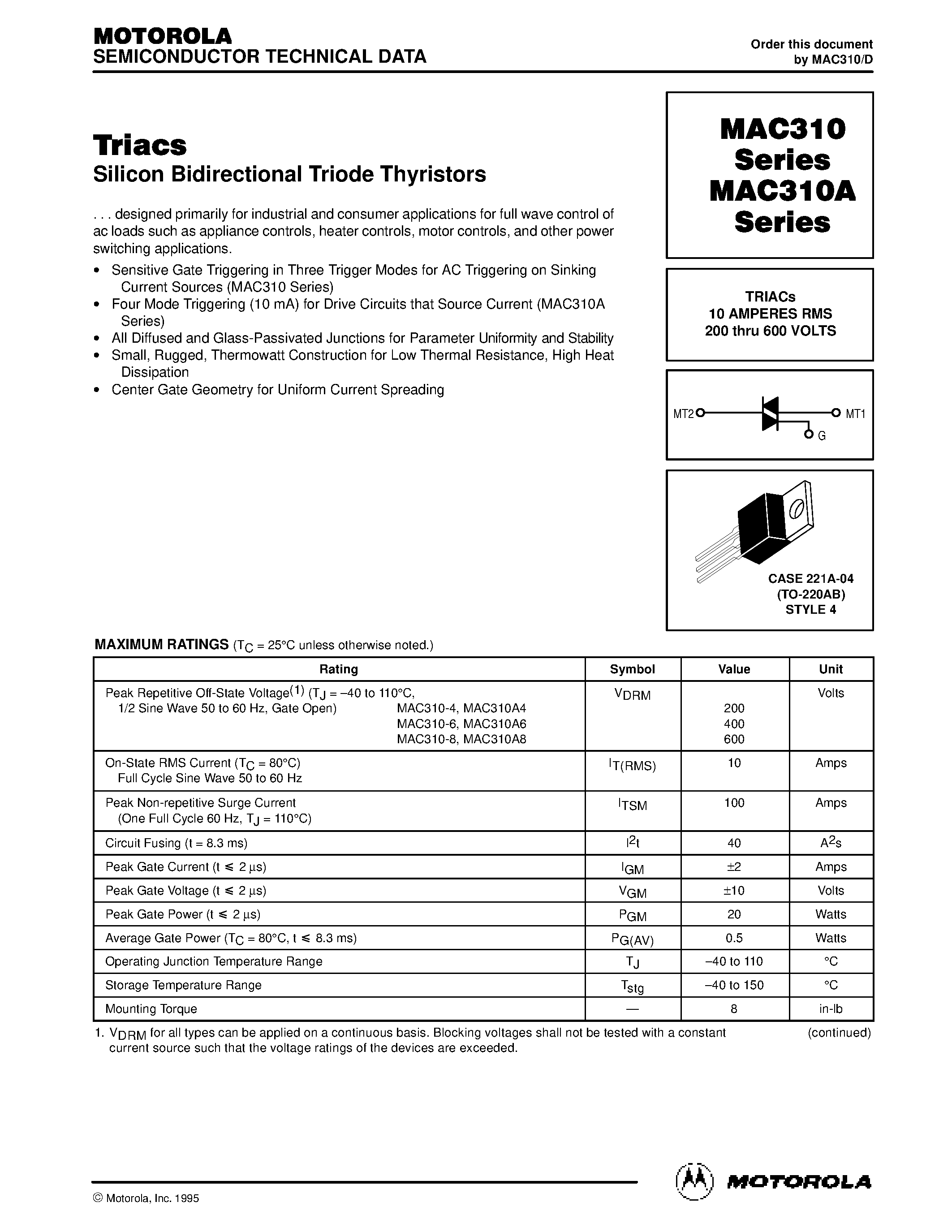 Datasheet MAC310-4 - TRIACs 10 AMPERES RMS 200 thru 600 VOLTS page 1