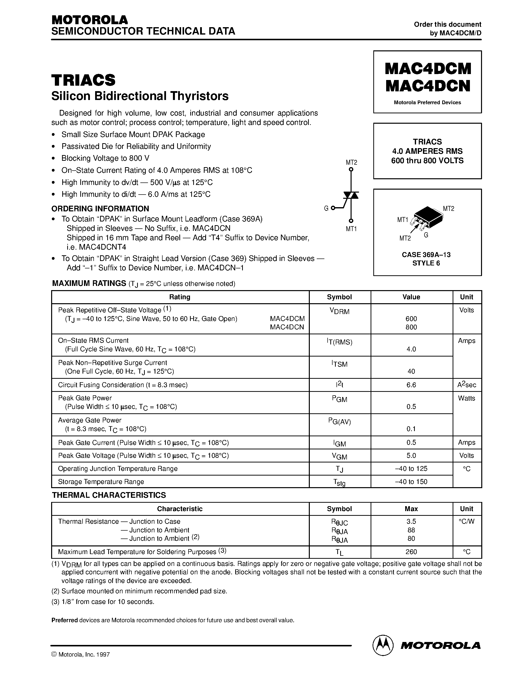 Datasheet MAC4DCN - TRIACS 4.0 AMPERES RMS 600 thru 800 VOLTS page 1
