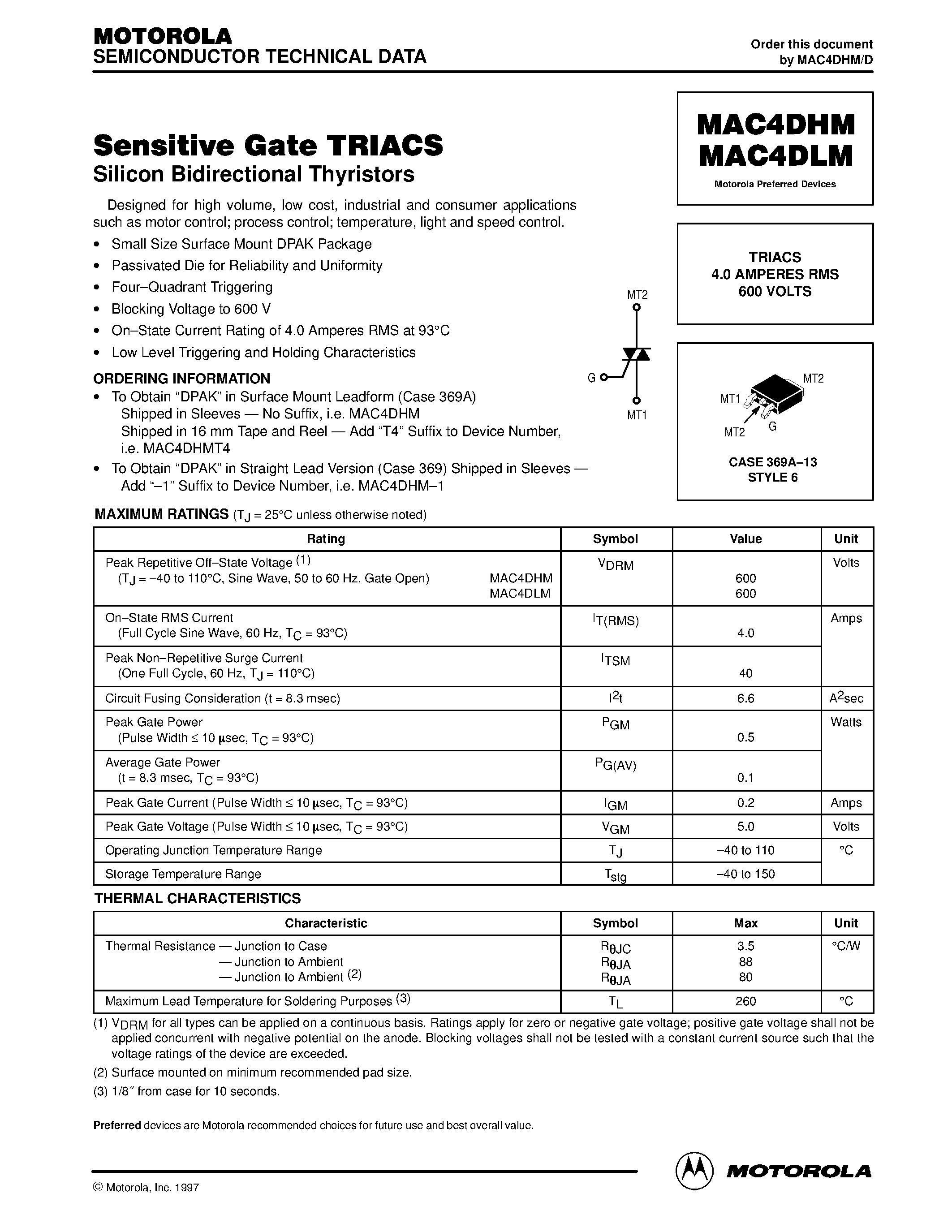 Datasheet MAC4DLM - TRIACS 4.0 AMPERES RMS 600 VOLTS page 1