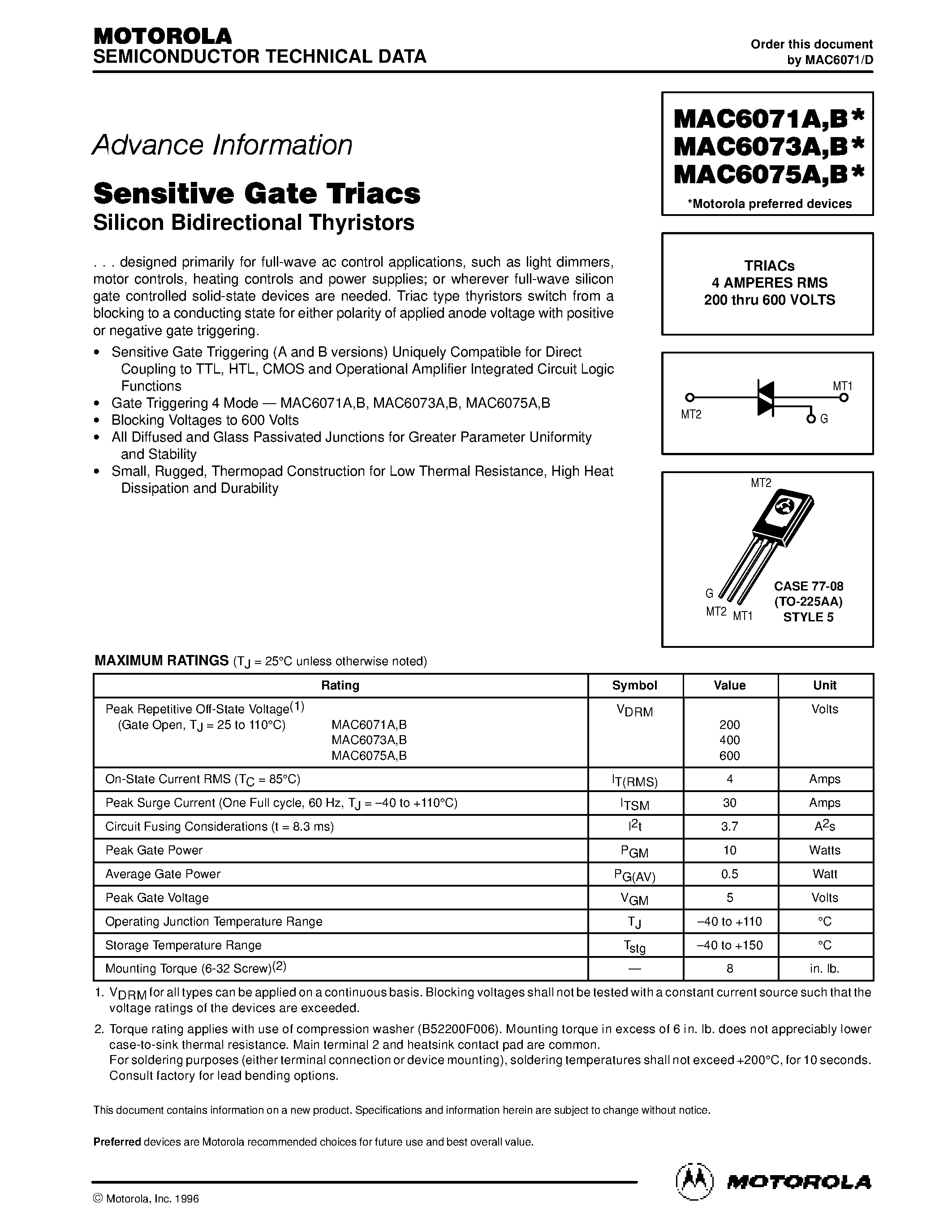 Datasheet MAC6073B - TRIACs 4 AMPERES RMS 200 thru 600 VOLTS page 1
