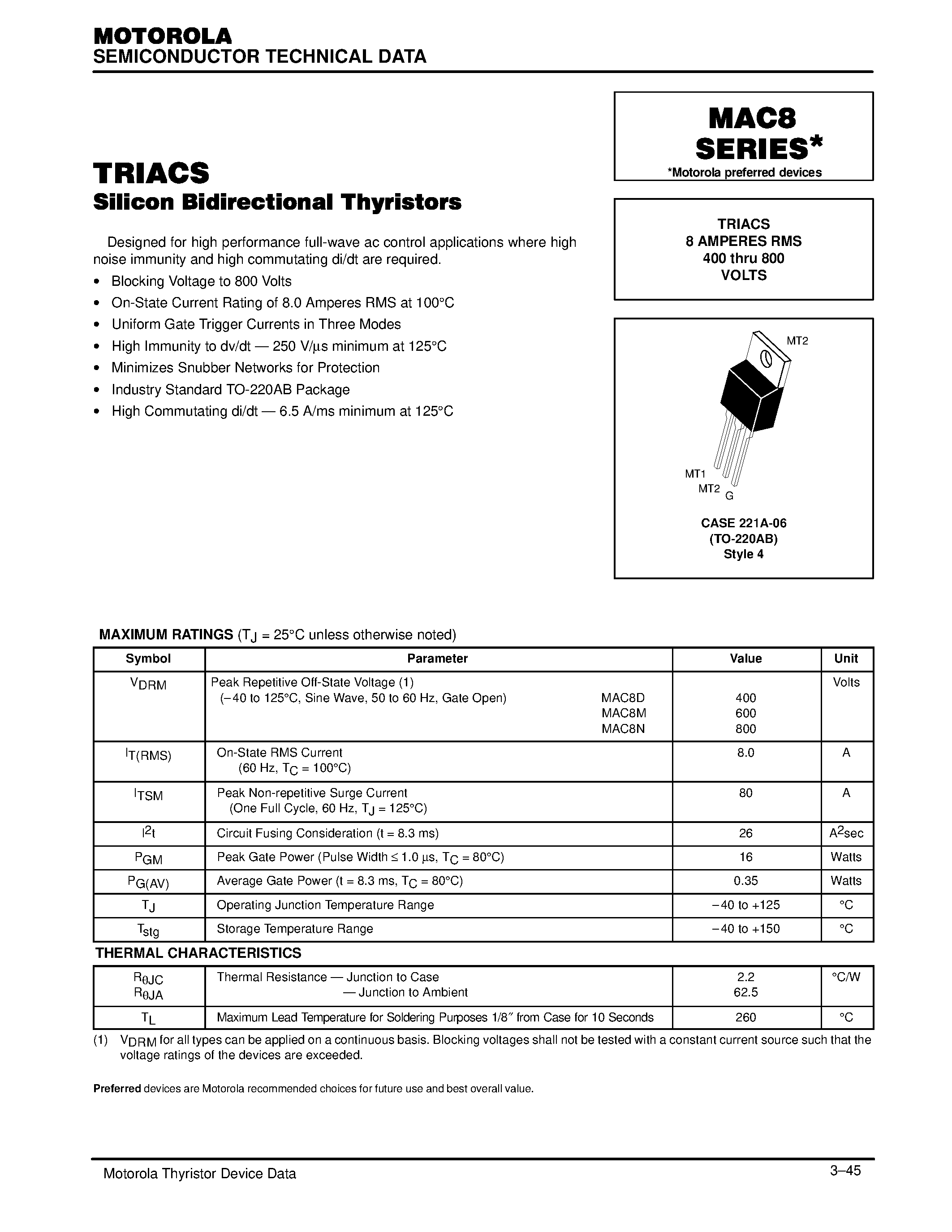 Datasheet MAC8M - TRIACS 8 AMPERES RMS 400 thru 800 VOLTS page 1